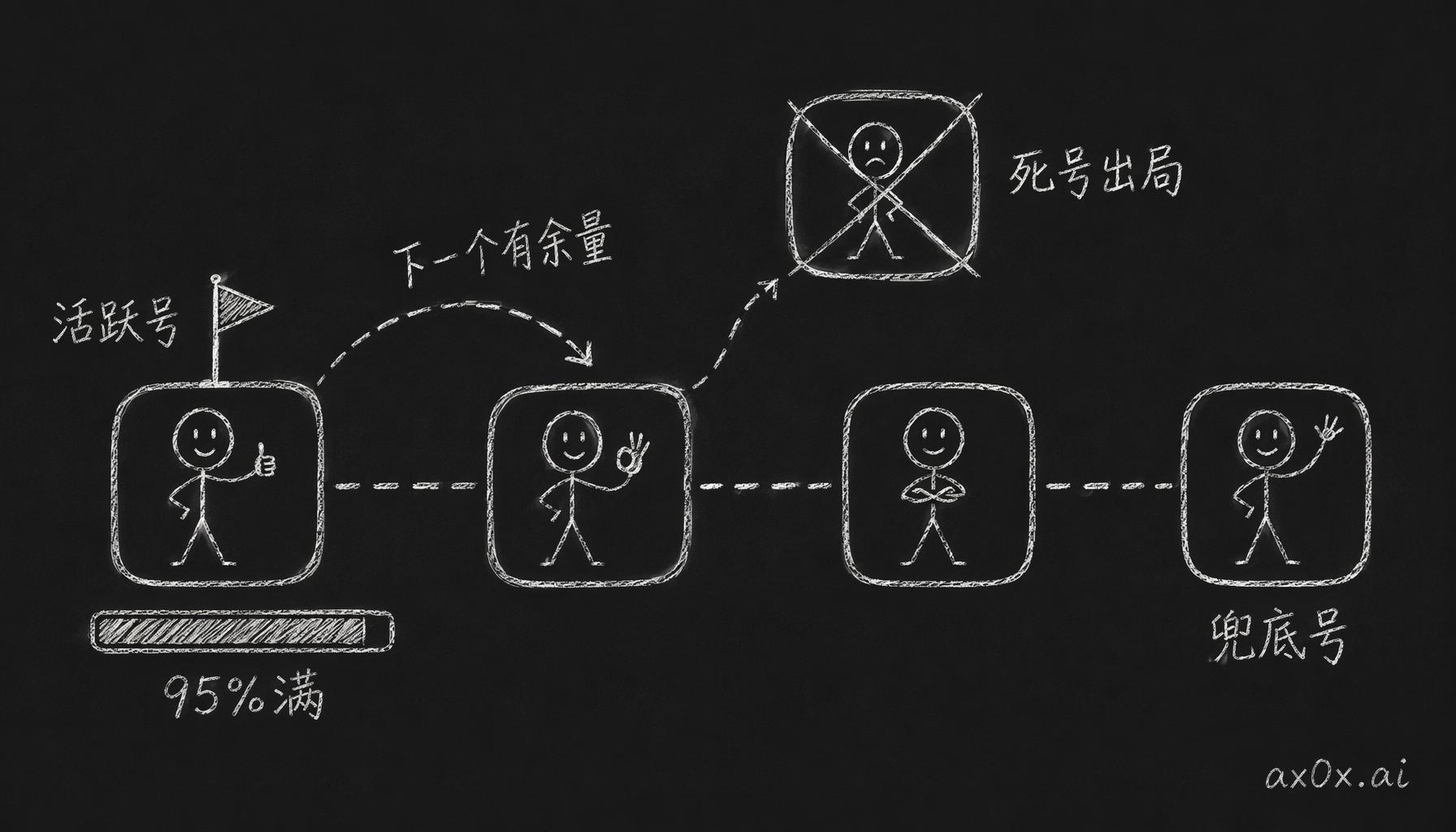 账号排成 fallback 链，活跃号撞到 95% 之前，daemon 自动沿链切到下一个有余量的号，死号被隔离出链。