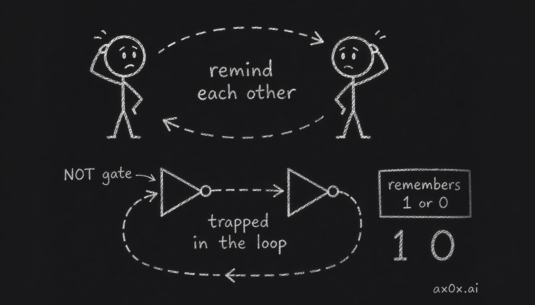 Two NOT gates wired head-to-tail keep reminding each other, trapping one signal in the loop so it remembers a 1 or a 0 — how a bistable circuit holds a single bit.