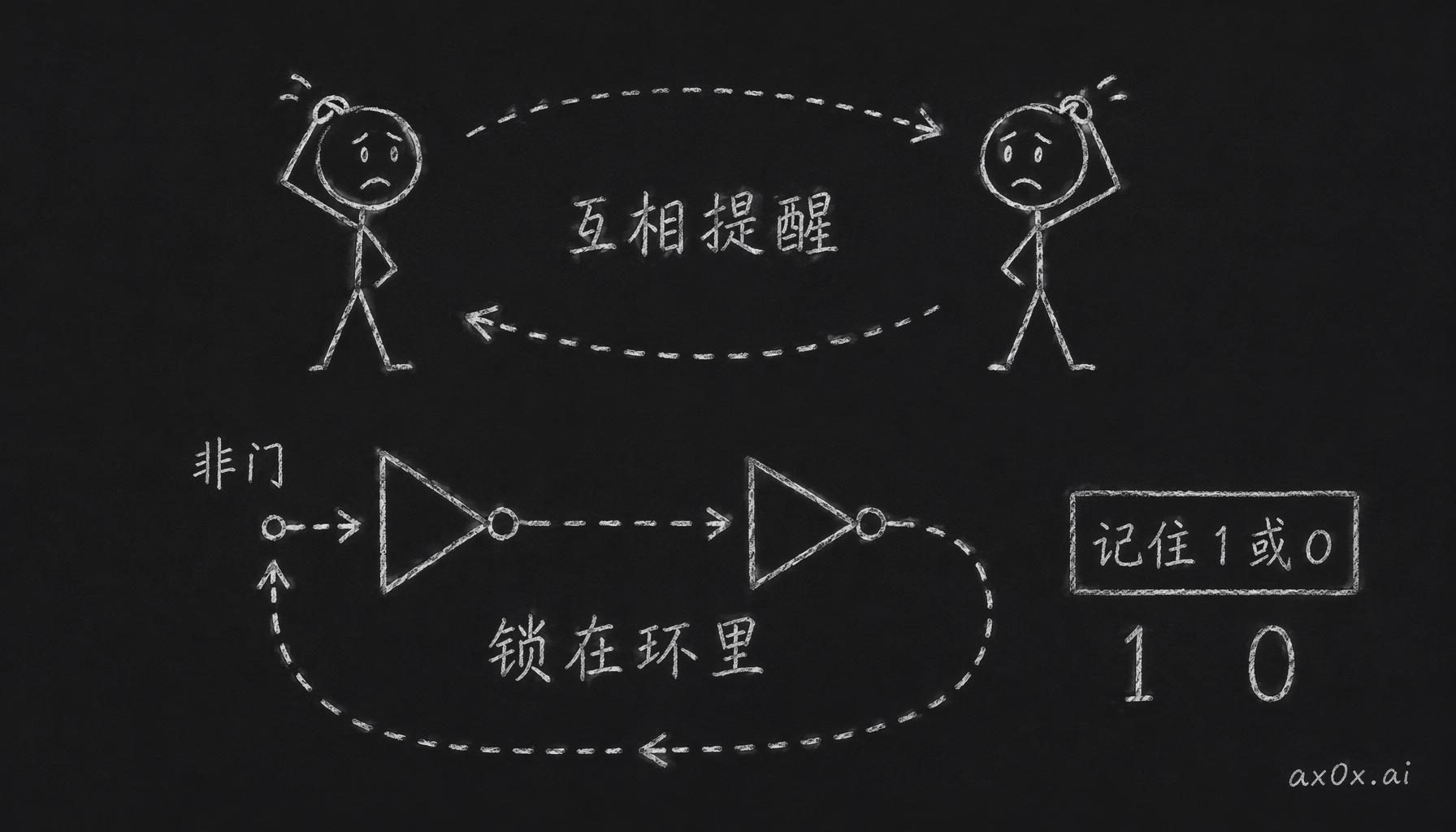 两个非门首尾相接互相提醒，把一个信号锁在环里，从而记住 1 或 0——双稳态电路记住一个比特的机制。