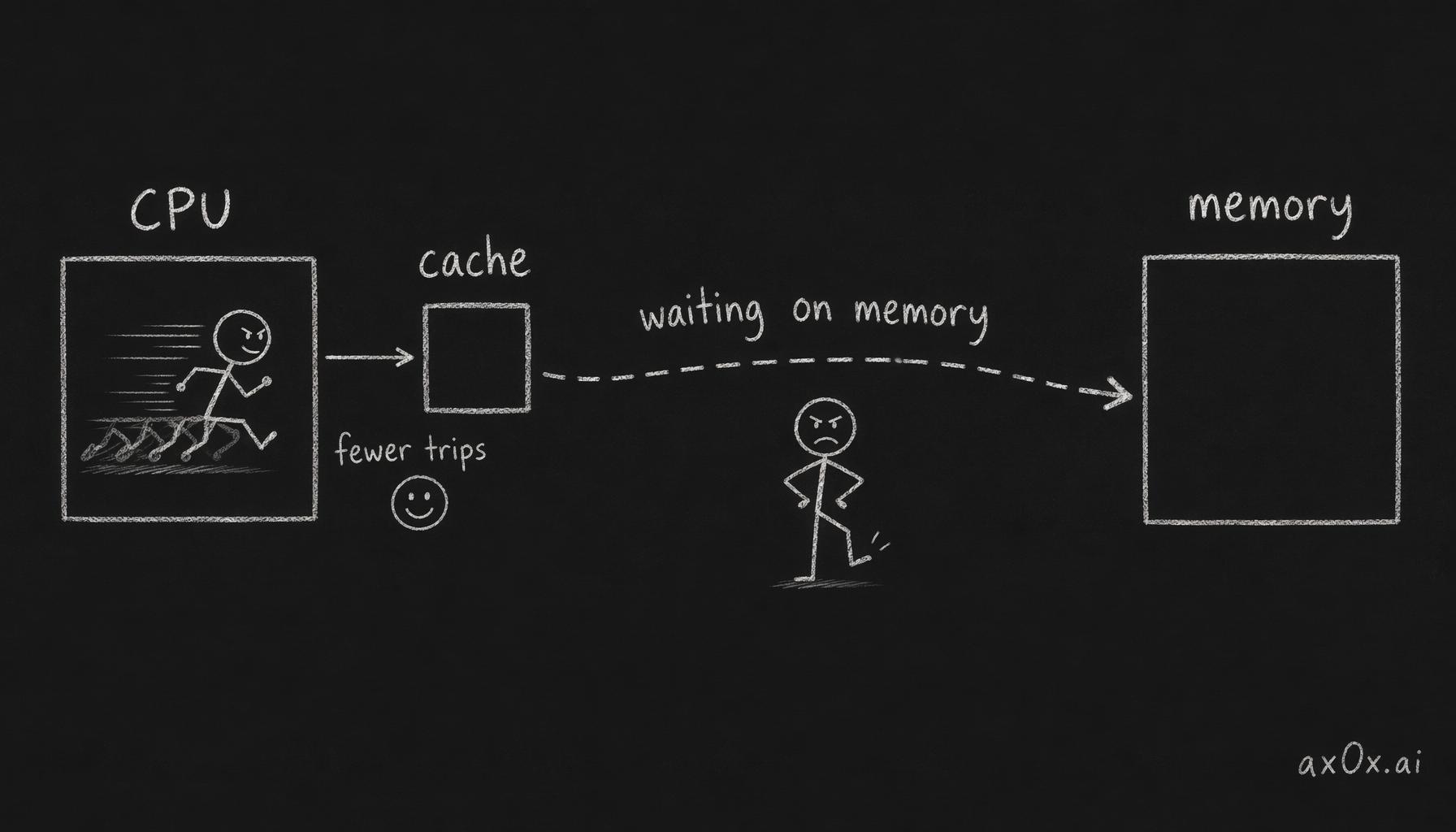 A CPU idles tens of nanoseconds fetching from memory; cache is the fast waystation next to it, and a bigger cache means fewer trips out to memory — how stacking cache buys performance.
