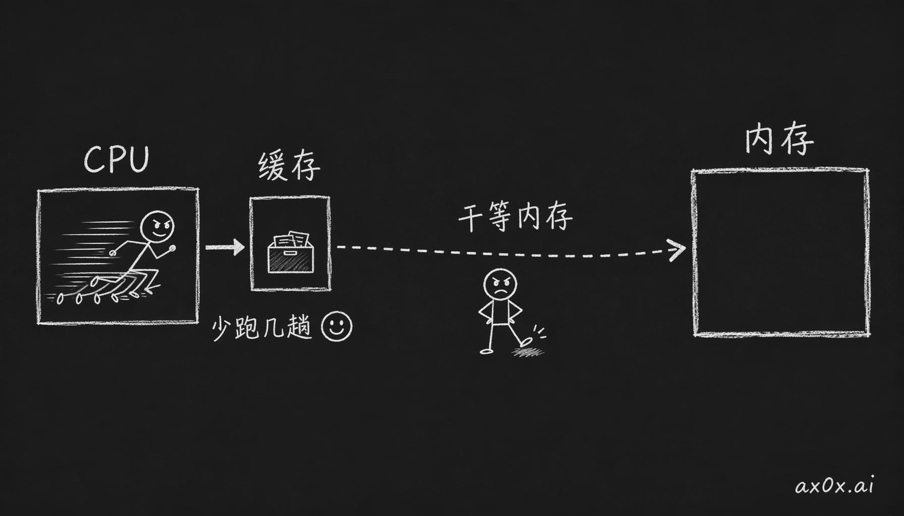 CPU 去内存取数要干等几十纳秒，缓存作为架在中间的快速中转站，越大就越少往内存跑——堆缓存换性能的机制。