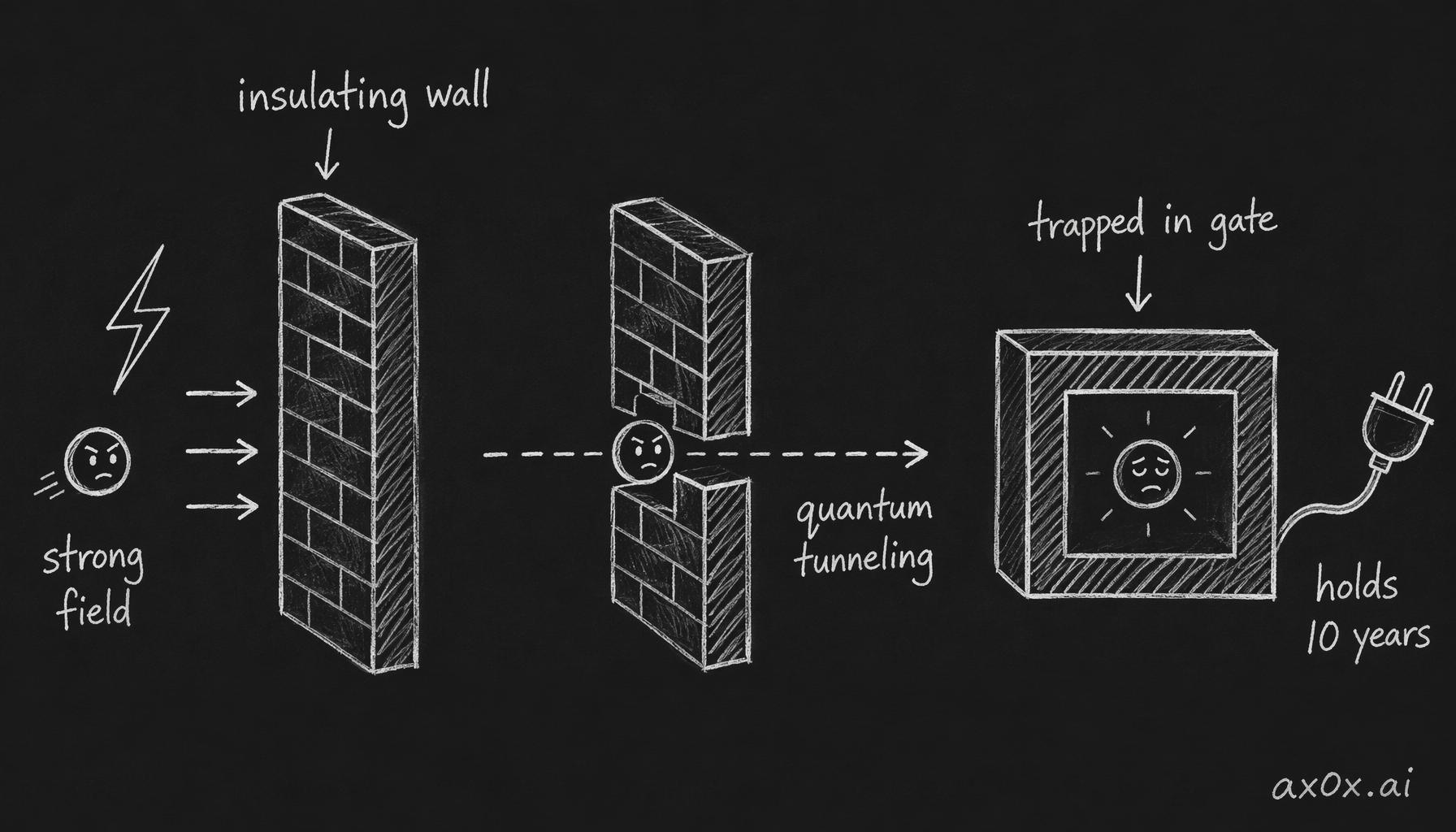 A floating-gate transistor: under a strong field an electron quantum-tunnels through the insulating wall and is trapped inside the fully-wrapped floating gate, holding for a decade even with the power off