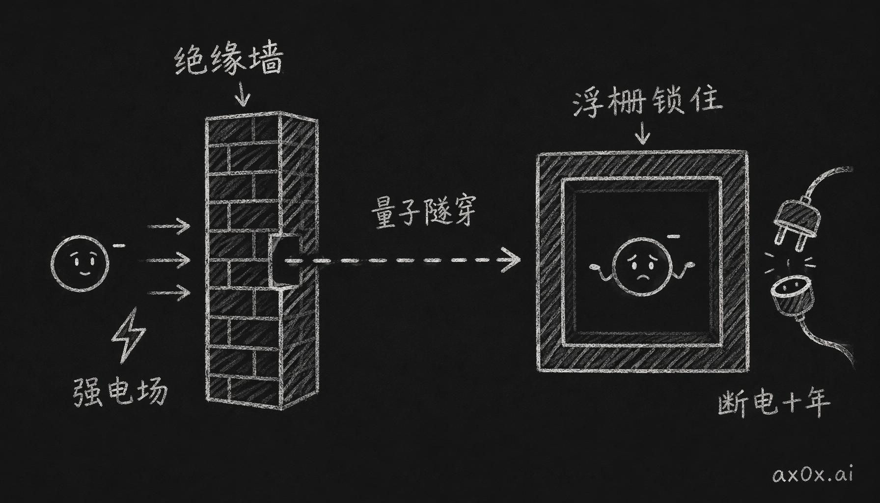 浮栅晶体管：电子在强电场下量子隧穿穿过绝缘墙，被整个包住的浮栅锁在里面，断电放十年也跑不掉