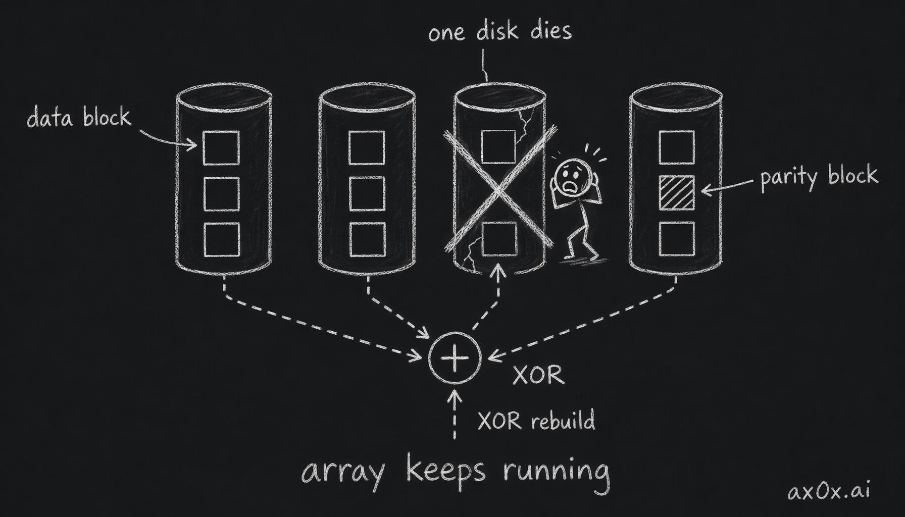 RAID 5 chops and scatters data with one XOR parity block per group; lose any one disk and you rebuild the missing block from the parity plus the survivors, and the array keeps running