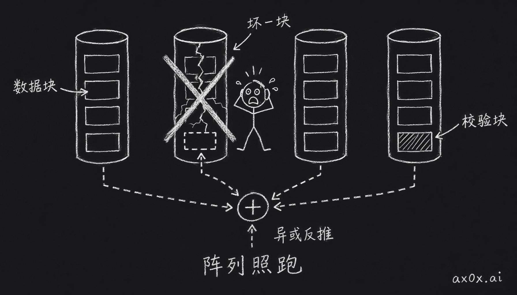 RAID 5：数据切块分散存，每组算一个异或校验块；坏掉任意一块盘，用校验块加上其余盘就能反推出丢失那块，阵列照常跑