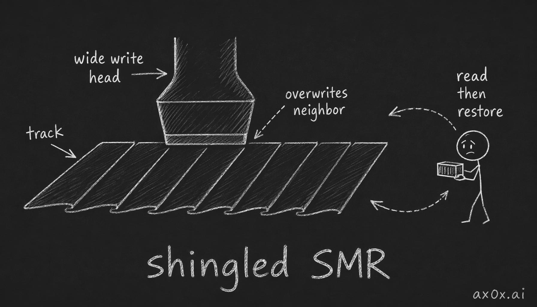 Shingled drives narrow the tracks and let a wide write head plow through, overlapping the neighbor like roof shingles — so it reads the neighbor first, then writes it back