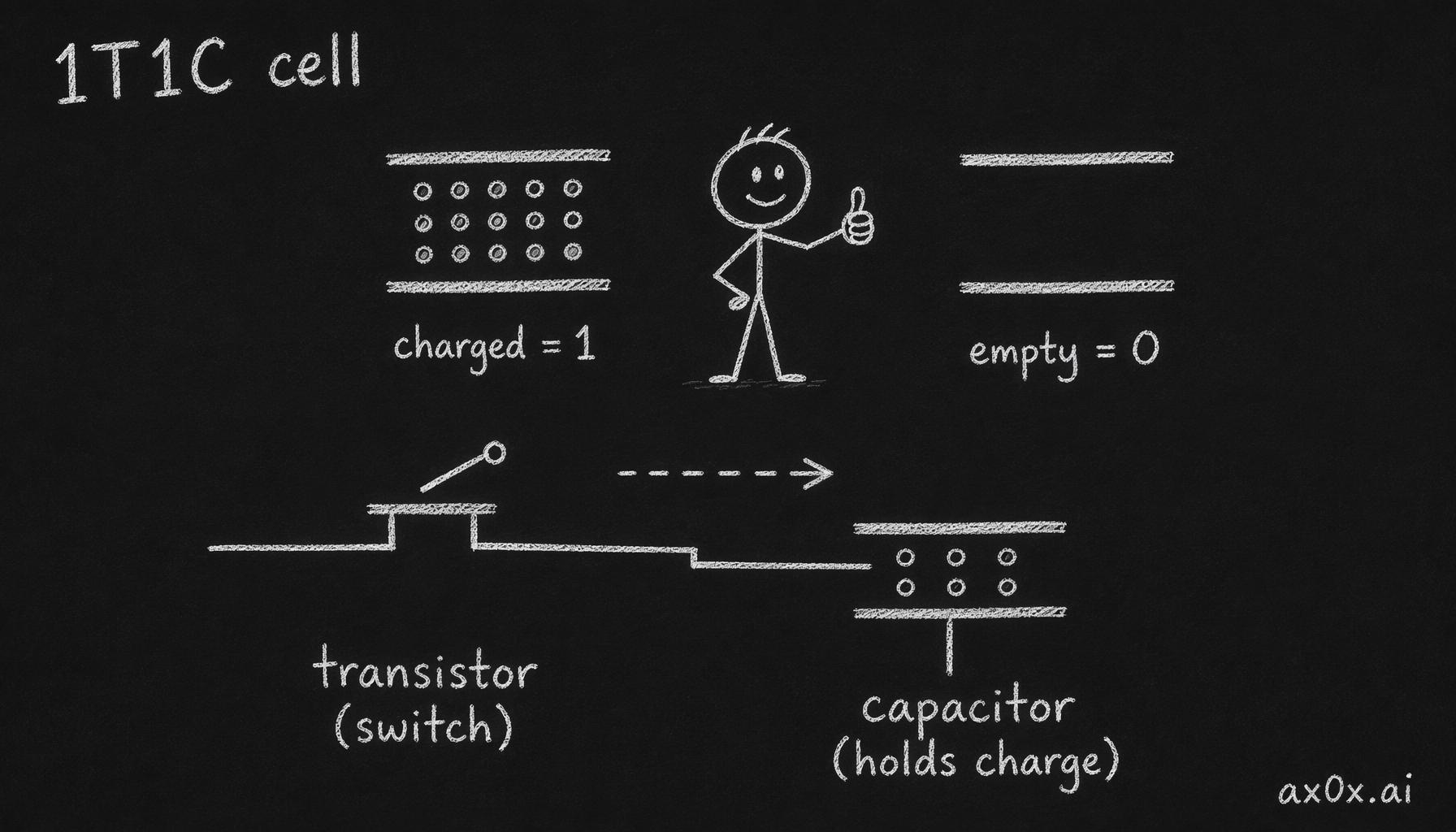 One DRAM cell: a transistor acts as the switch, a capacitor holds the charge — charged is 1, empty is 0