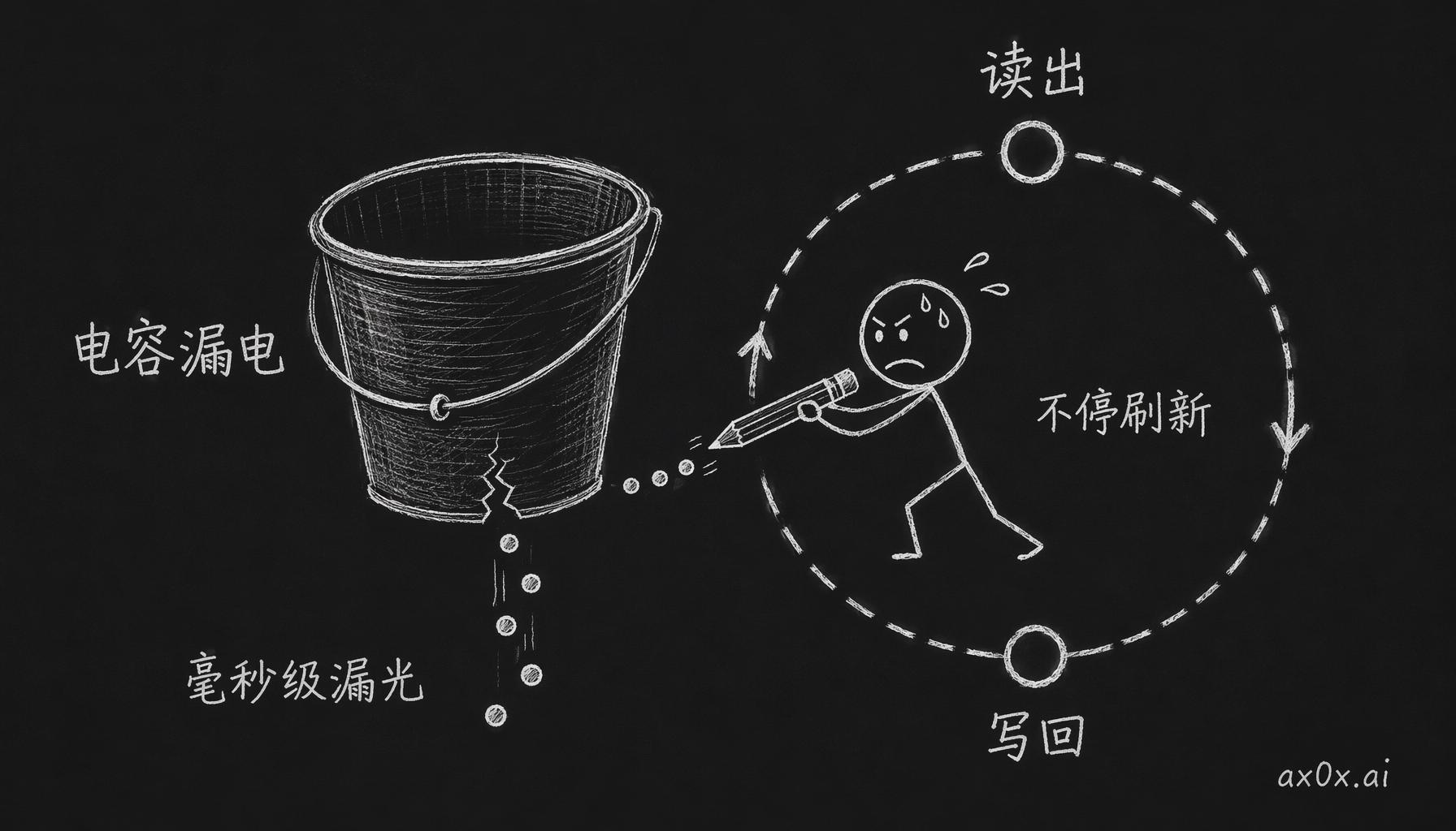 DRAM 电容像漏水的桶，电荷毫秒级漏光，只能不停地读出再写回——这就是刷新