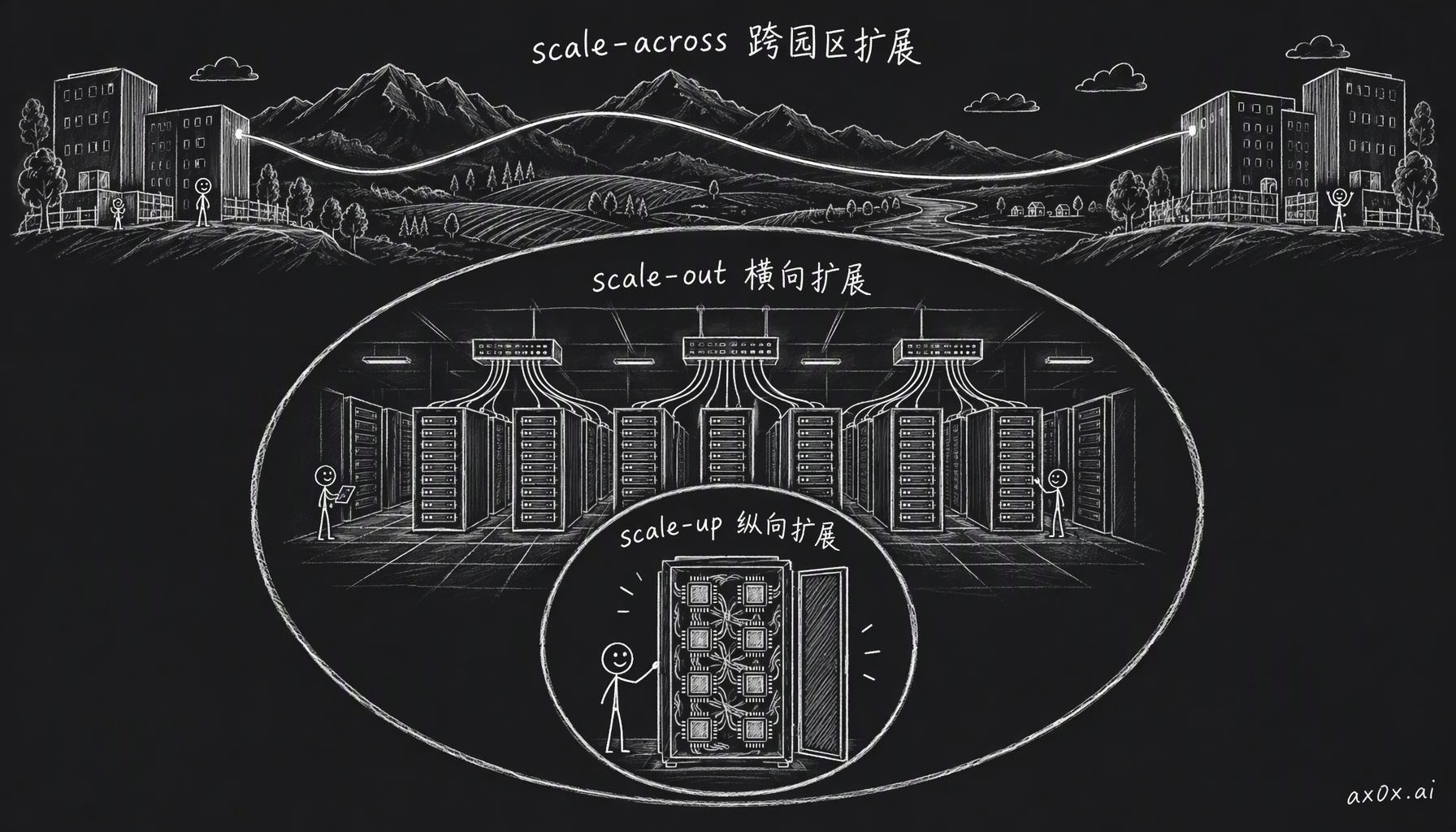 数据挪窝分三个尺度：scale-up 在单个机柜里用 NVLink 高速互连，scale-out 在同一栋楼的机柜之间组网，scale-across 用光纤把不同城市的园区连起来