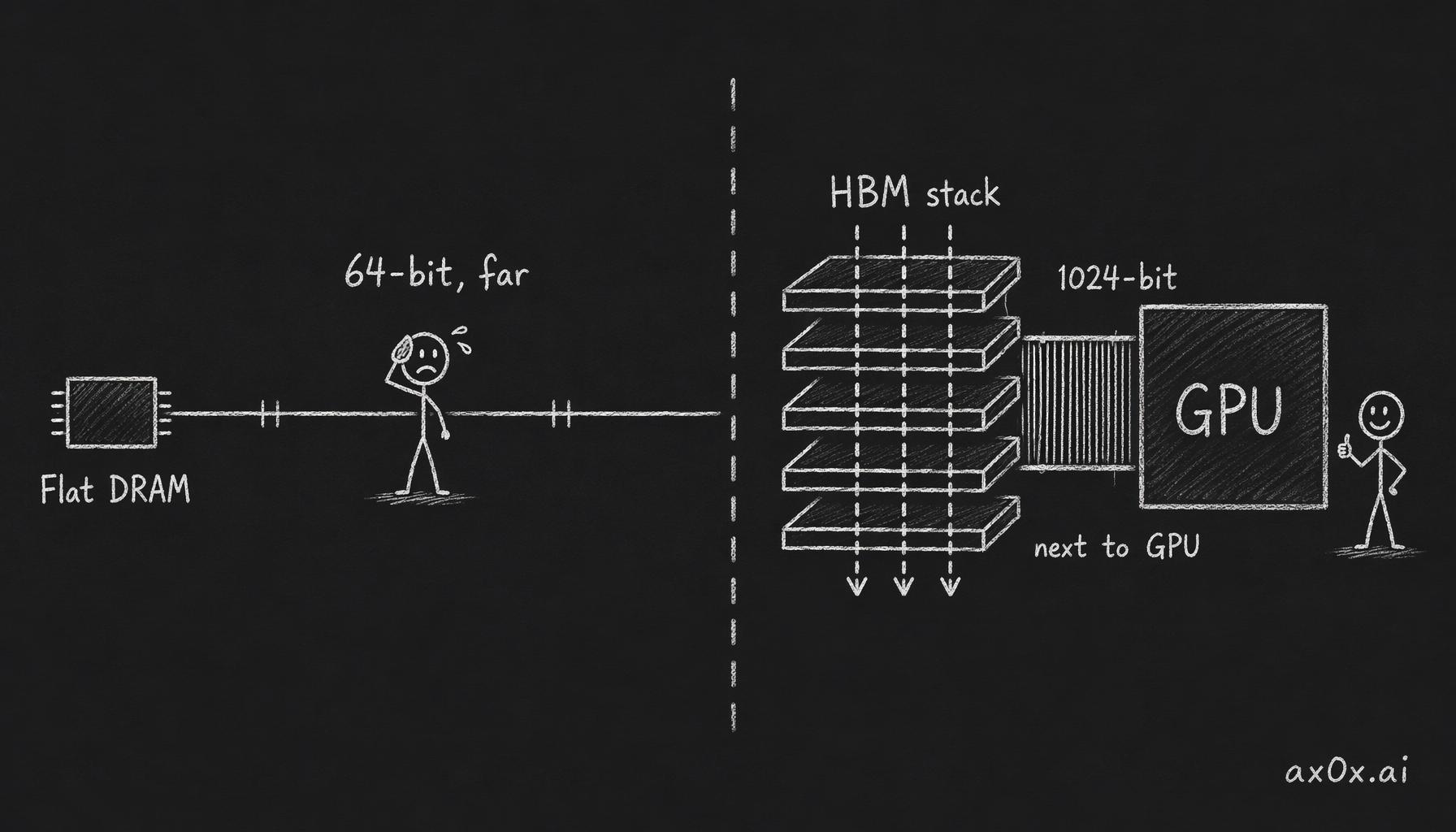 Where HBM's bandwidth comes from: stack the DRAM vertically, drill TSVs down through it, widen the bus to 1024 bits and park it millimeters from the GPU — wide and close beats narrow and far