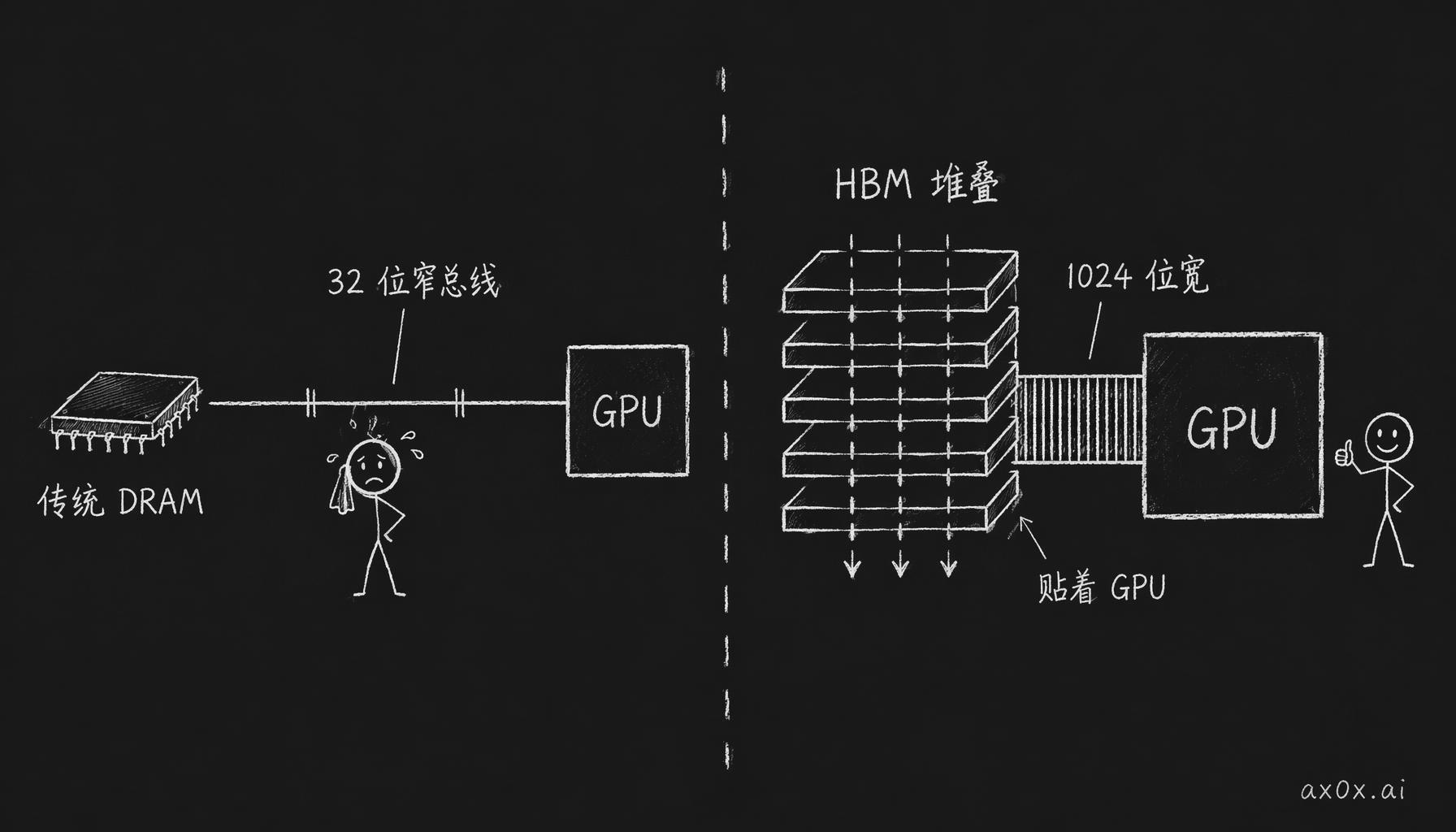 HBM 的带宽从哪来：把 DRAM 竖着叠、垂直打孔、总线拉到 1024 位宽再贴到 GPU 旁边——宽而近打败窄而远