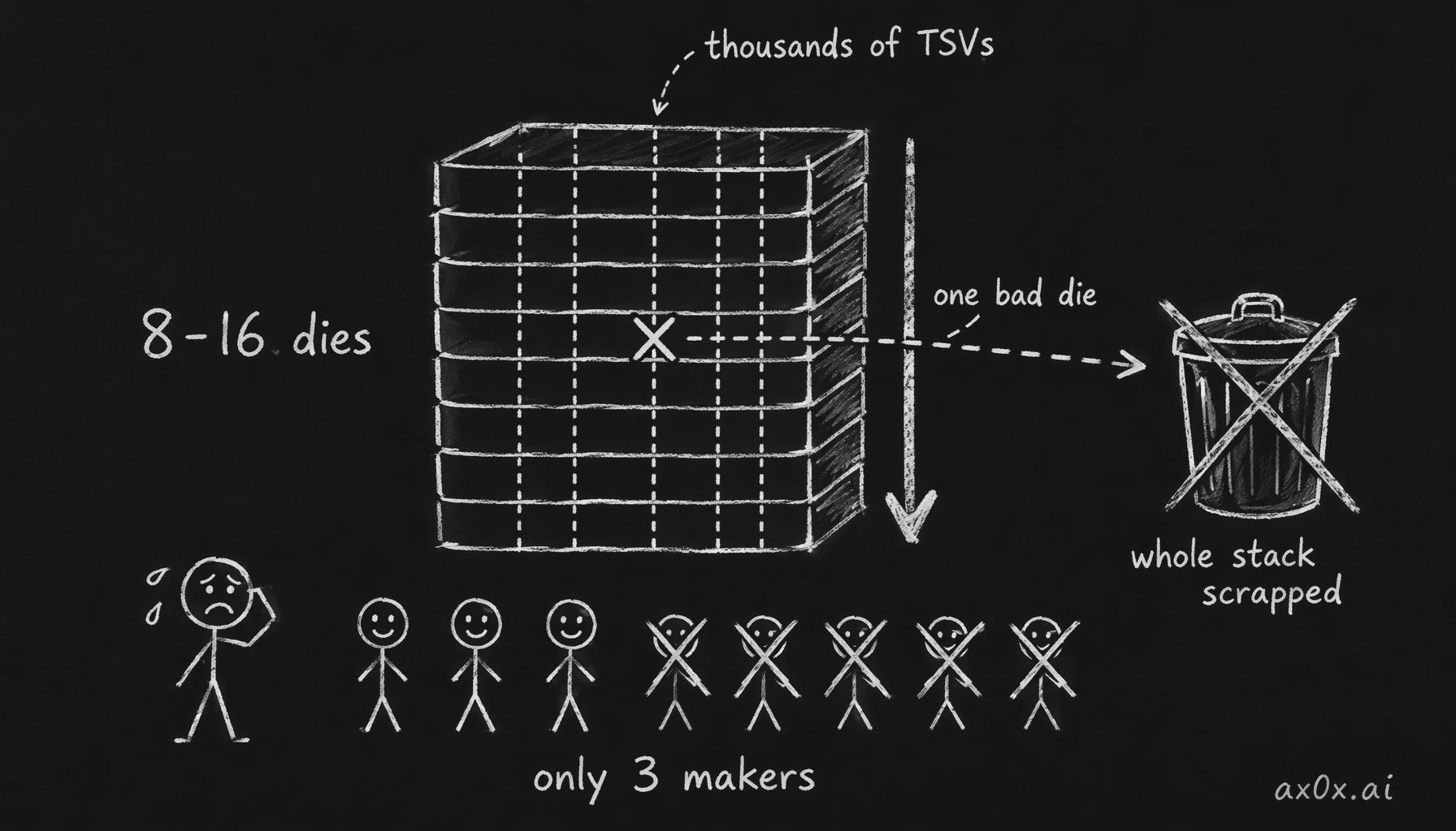 HBM's moat is yield: drill thousands of TSVs through a stack of 8-16 dies, and one bad die or one bad via scraps the whole tower — failure compounds with every layer, which is why only three makers survive