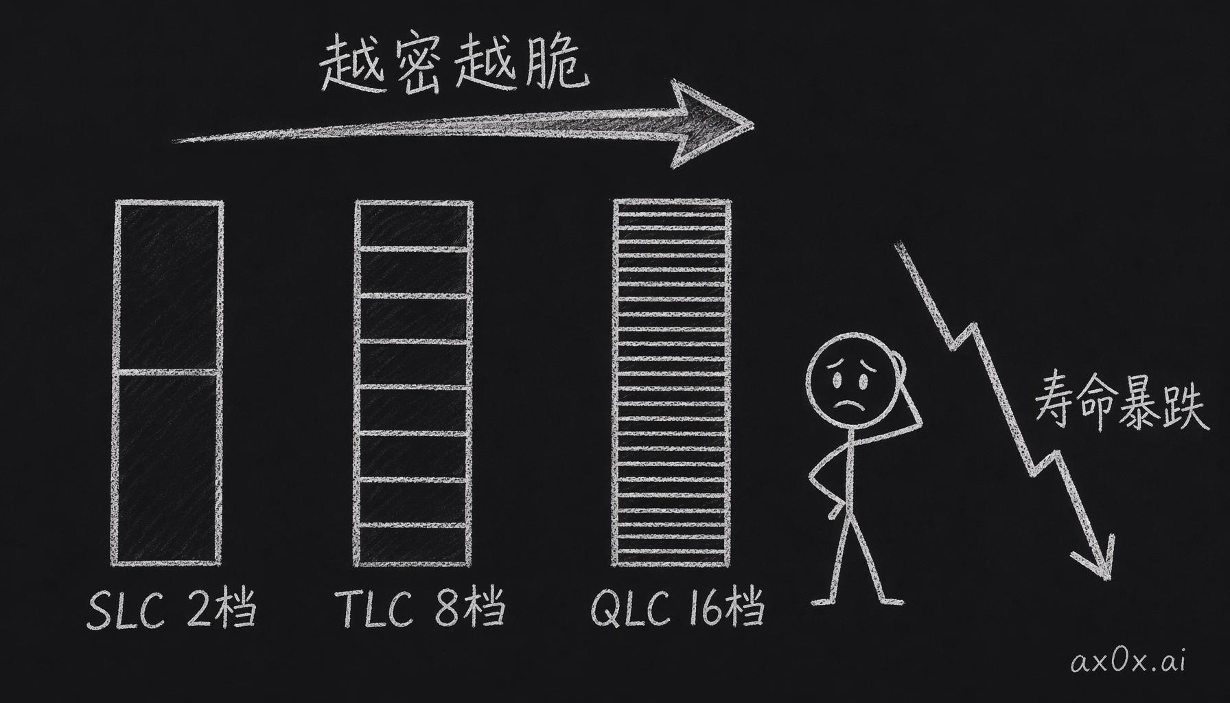 一个单元塞进越多比特，就要把同一段电压切成越多档、档间越窄，密度越高寿命就越短