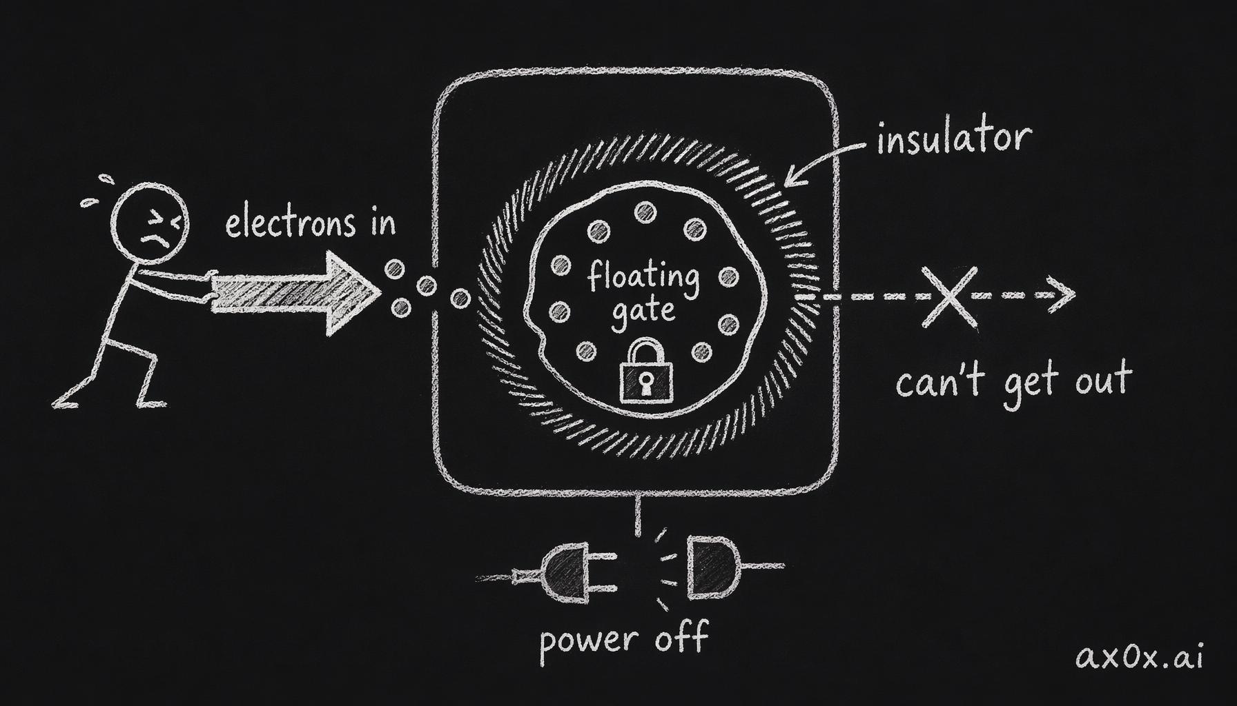 NAND stores a bit by physically trapping electrons on an insulated island — they go in, can't get out, and stay put even with the power off