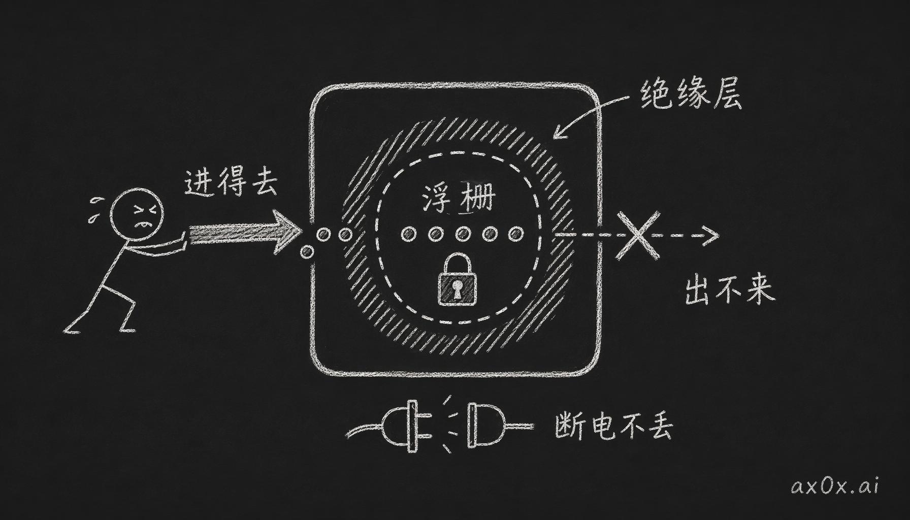 NAND 靠一圈绝缘层把电子物理关在浮栅里，进得去出不来，断电也跑不掉，所以数据不丢