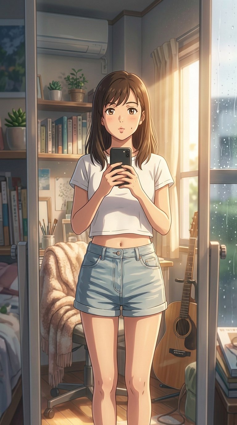 全身镜自拍——白色短上衣+牛仔短裤，书架、吉他、暖光