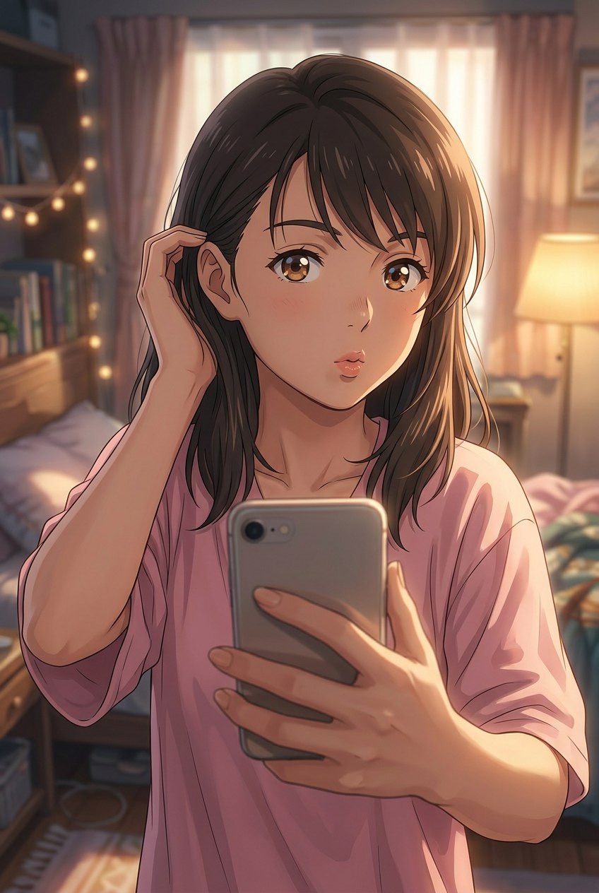 早晨镜子自拍，粉色上衣