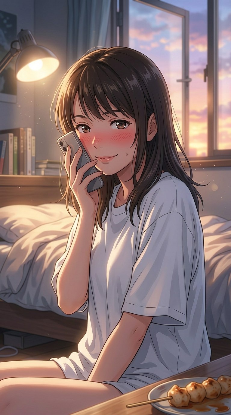 在床上打电话，窗外夕阳