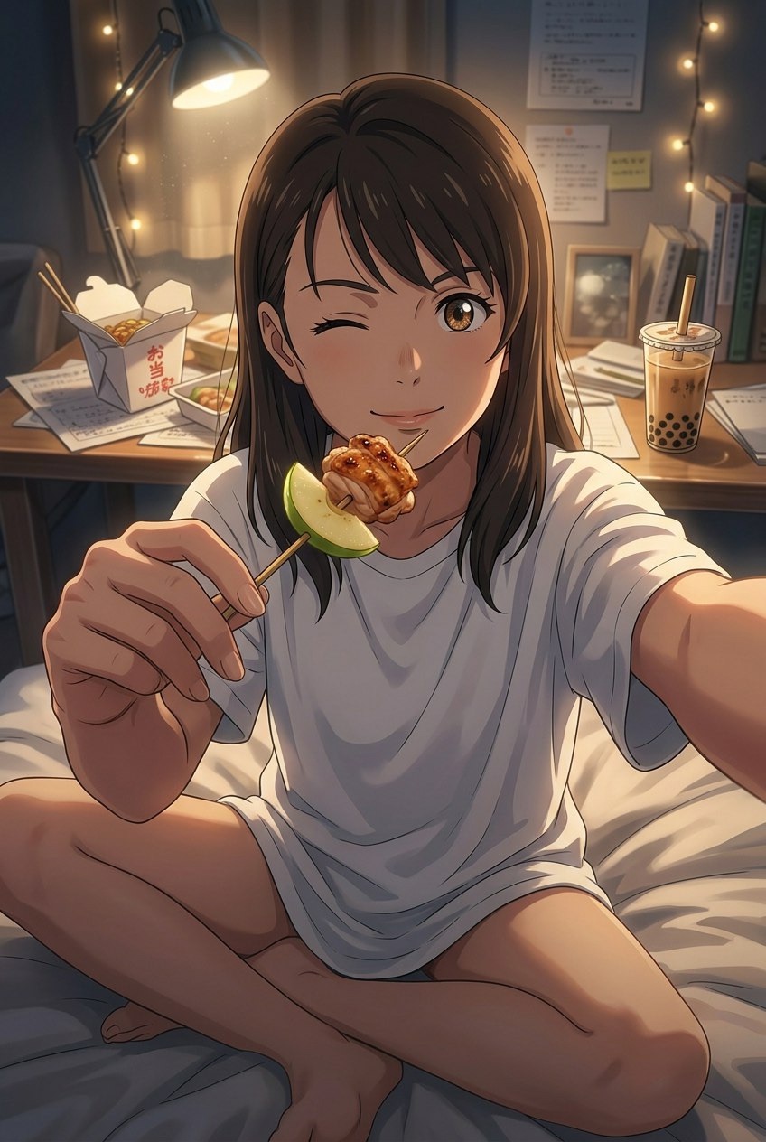 深夜在床上吃串串，奶茶和外卖盒，串灯暖光