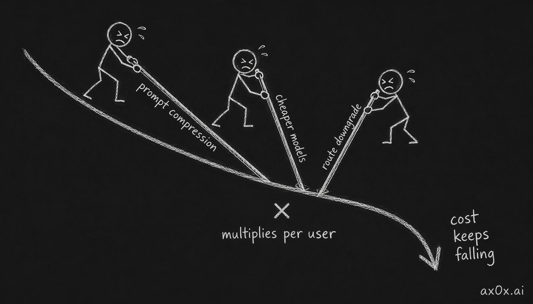 Three forces push per-message cost down at once, and each optimization multiplies across every user, so the economics only get better