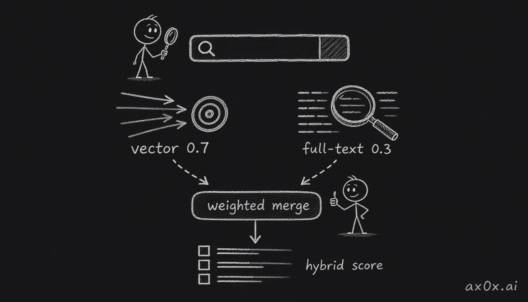 Hybrid search: vector and full-text each score by weight, then merge into one hybrid score — full-text catches the keywords vectors miss.