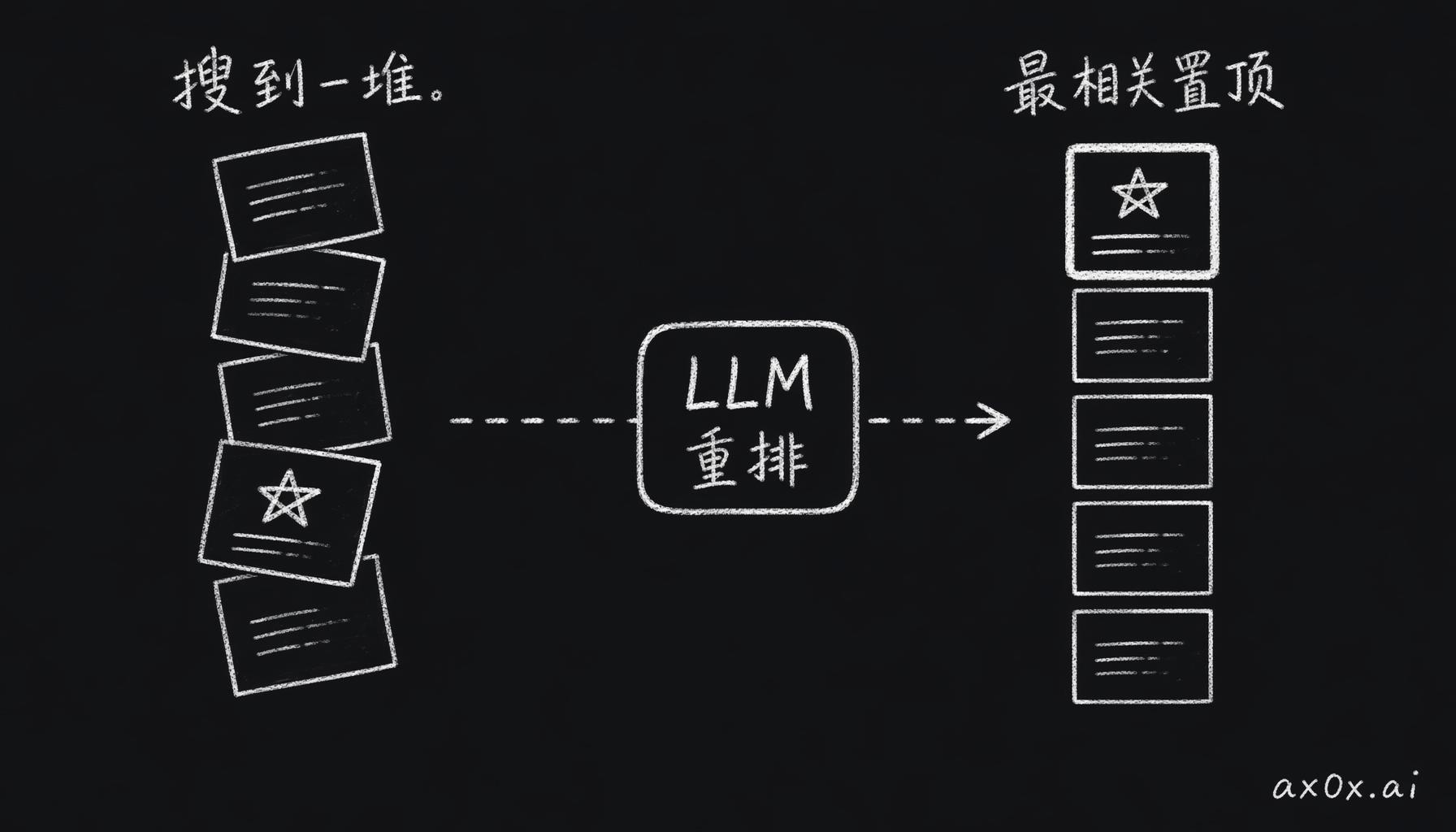 混合搜索召回一堆候选记忆，LLM 重排序把真正最相关的那条顶到最前