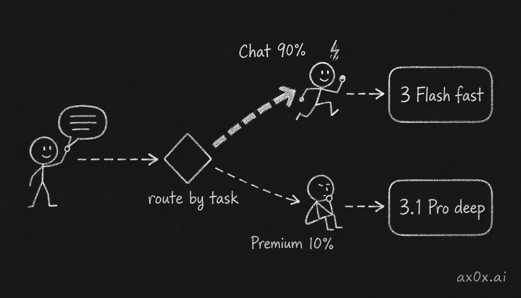 Route requests by task type: 90% of everyday chat goes to the cheap fast Flash, 10% of high-value tasks go to the deeper Pro.