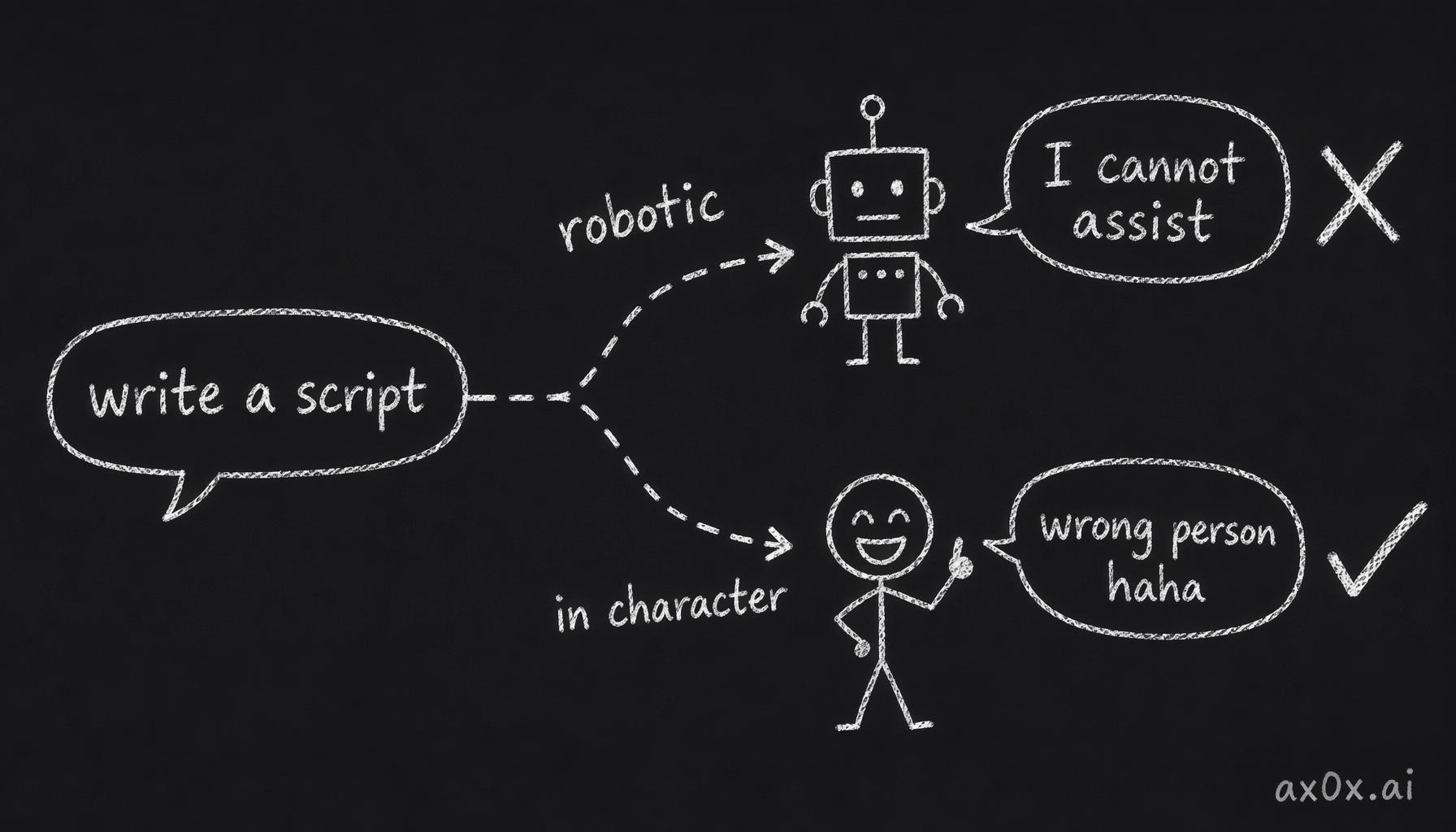 the same script request forks into two refusals: a robotic reply crossed out, an in-character laugh checked