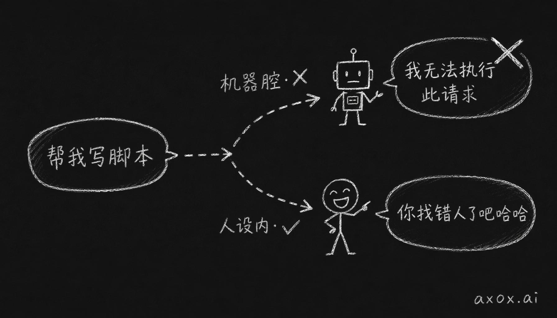 同一个写脚本请求分岔成两种拒绝：机器腔的冷回复被打叉，人设内的笑着回复被打勾