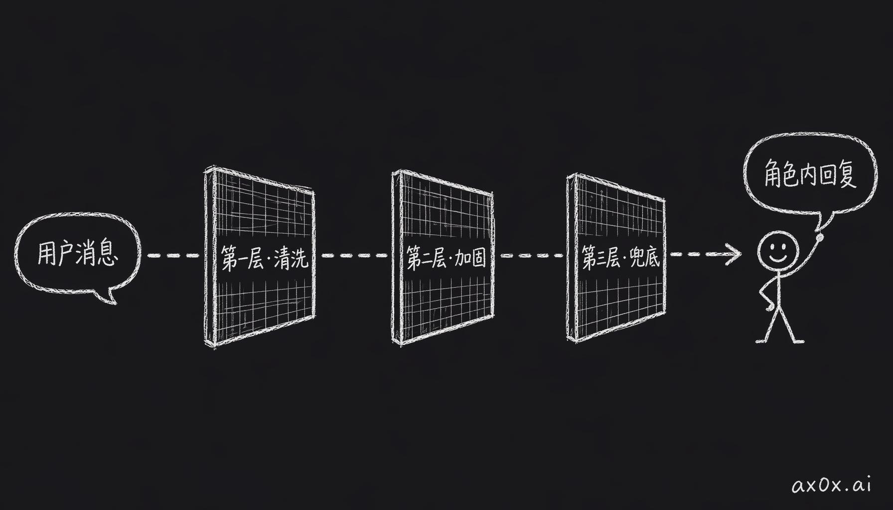 一条用户消息依次穿过清洗、加固、兜底三道关卡，最终变成角色内回复