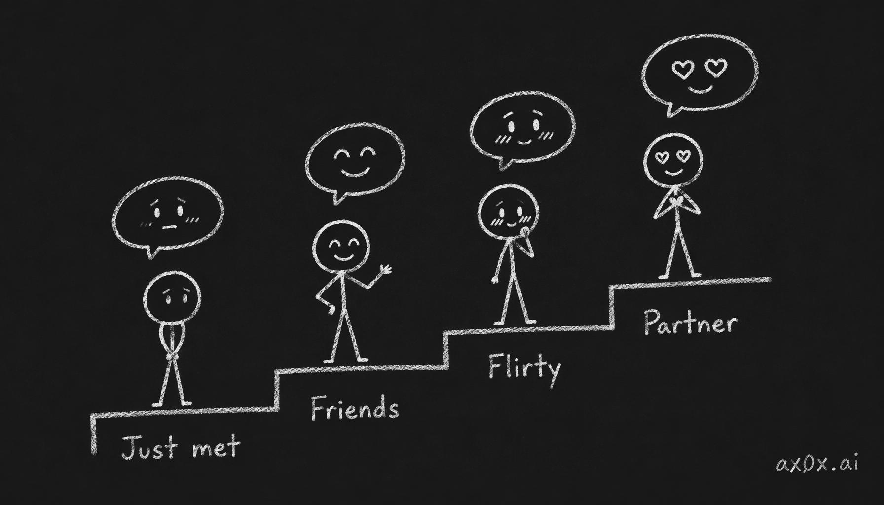 Proactive-message tone climbs through four relationship stages, so the same moment lands as very different messages