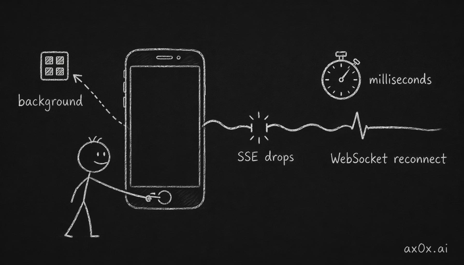 When the app switches to background and back, the fragile SSE connection drops while the heartbeat WebSocket auto-reconnects in milliseconds.