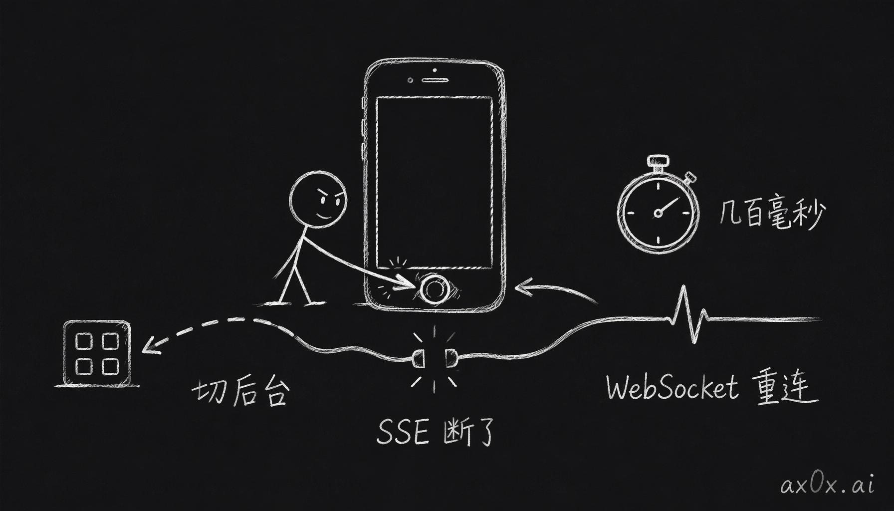 app 切后台再切回来时，脆弱的 SSE 连接会断，而带心跳的 WebSocket 几百毫秒就自动重连。