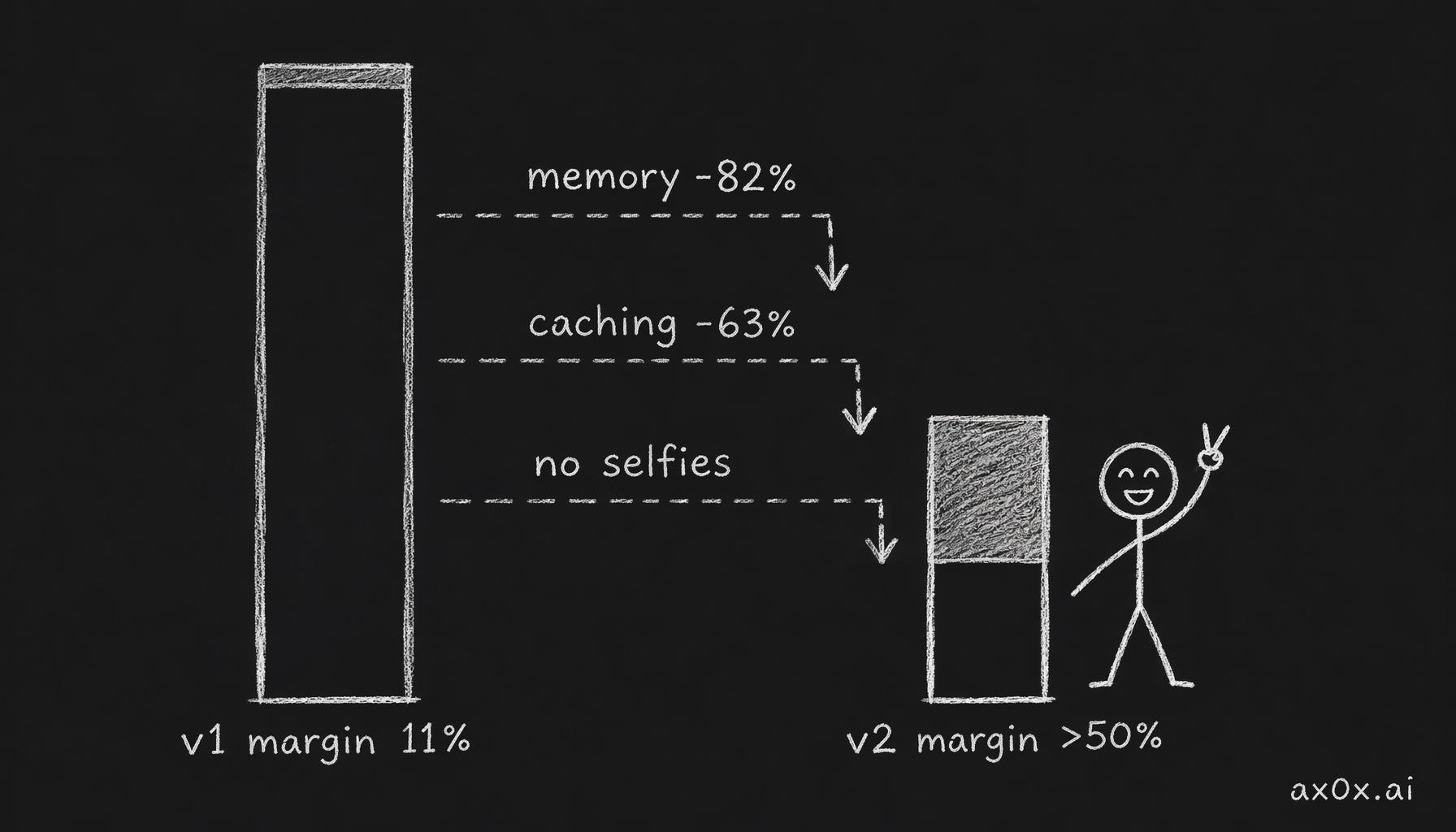 Three architectural decisions — memory on Flash, cached chat, no selfies — halve per-user cost and lift gross margin from 11% to over 50%.