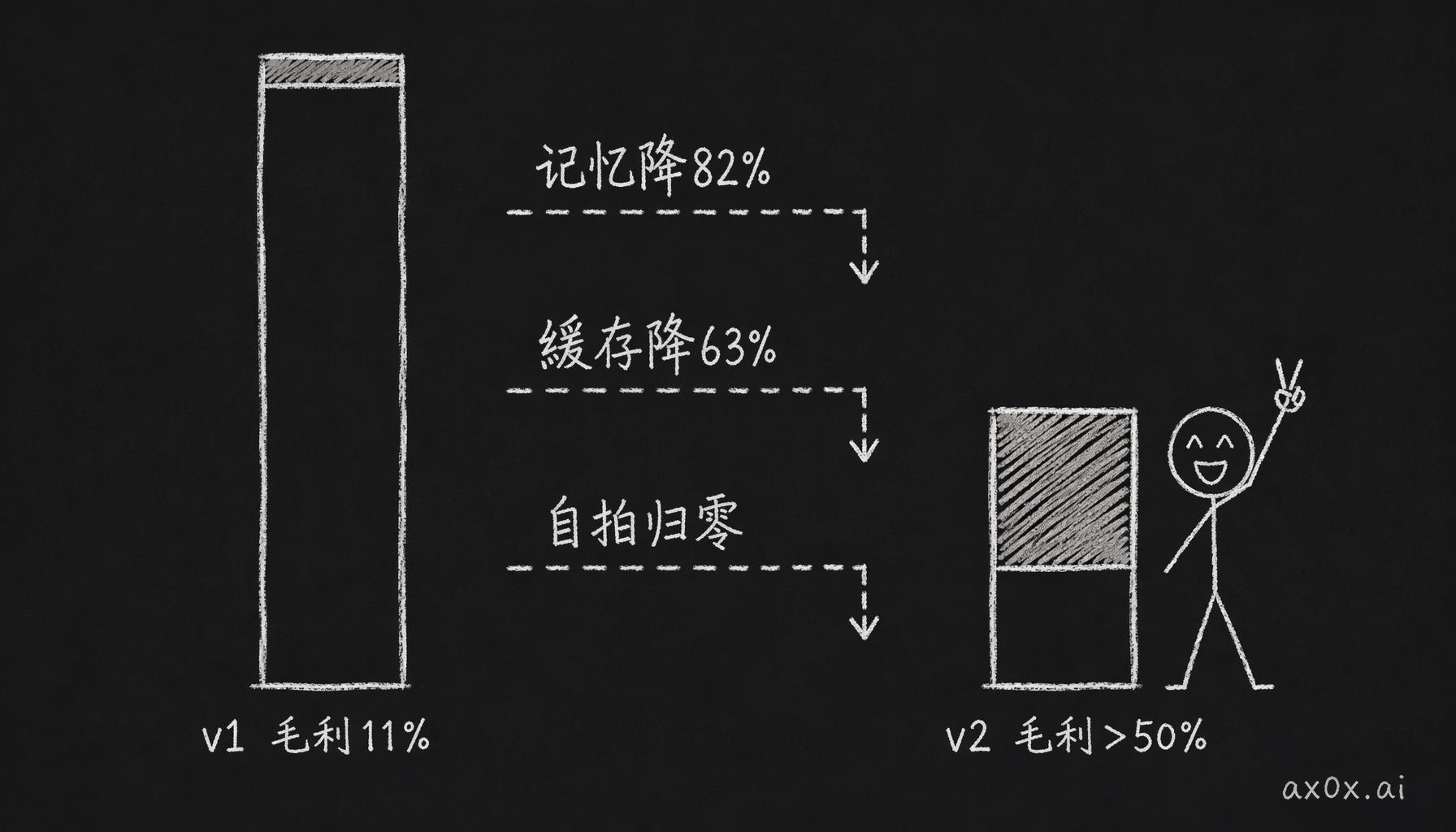 三个架构决策——记忆换 Flash、聊天走缓存、自拍归零——把单用户月成本砍掉一半，毛利从 11% 拉到 50% 以上。