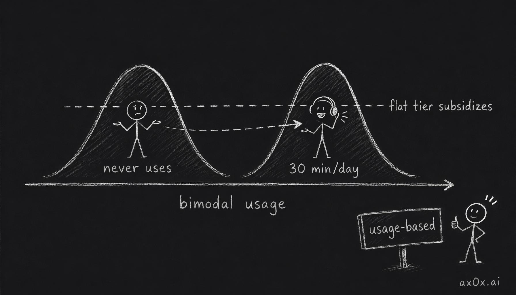 Voice usage is bimodal — some talk 30 min a day, some never; a flat tier makes light users subsidize heavy ones, so realtime voice becomes usage-based.