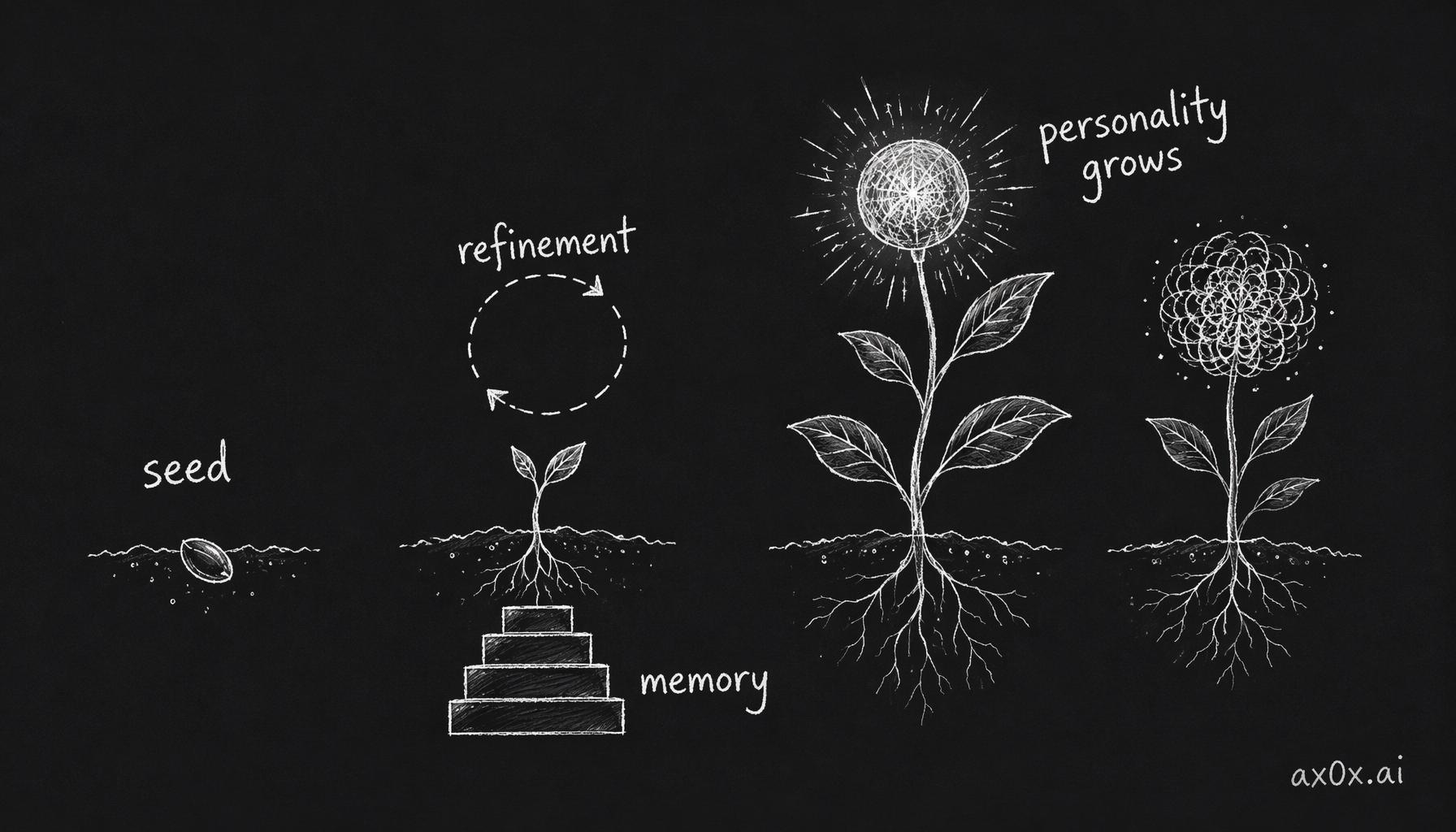 Personality isn't authored — it grows from a seed through per-conversation refinement and accumulating memory in a three-layer mechanism