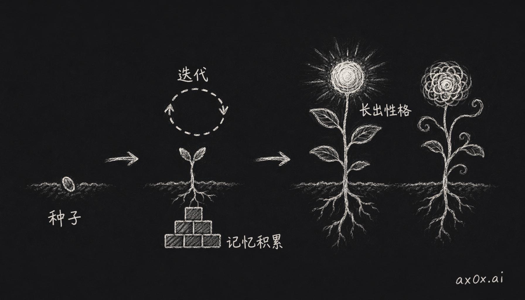 性格不是预设的，而是从一颗种子经过每次对话的迭代和记忆积累，慢慢长出来的三层机制