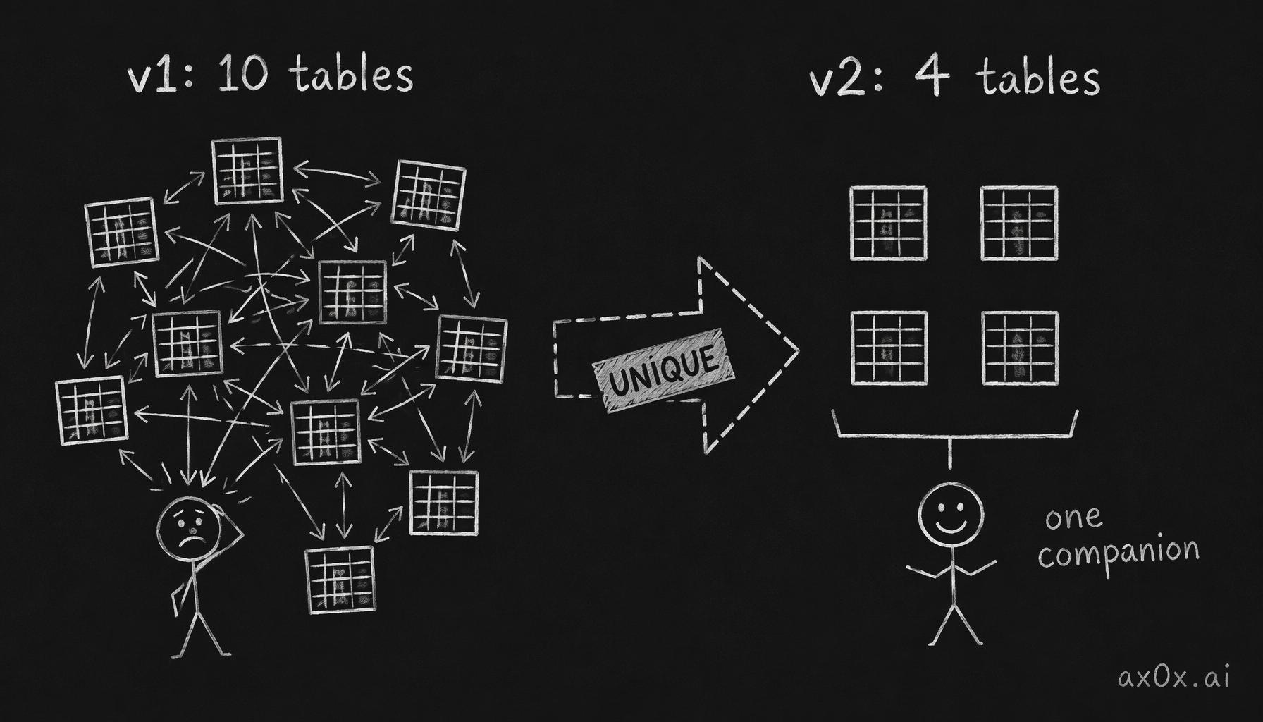 A single UNIQUE constraint collapses a ten-table multi-agent schema down to four
