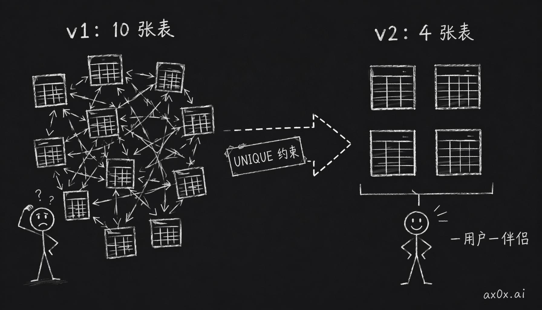 一个 UNIQUE 约束把十张表的多 agent 架构塌缩成四张表