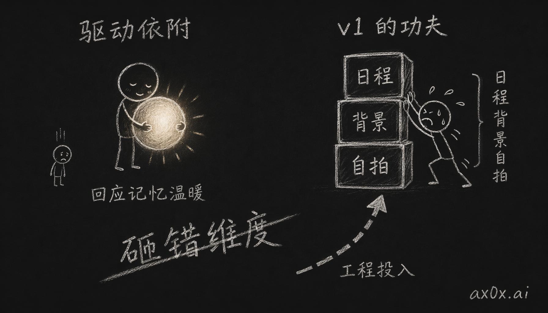 真正驱动情感依附的是回应·记忆·温暖，v1 却把工程功夫全砸在日程·背景·自拍上，投错了维度