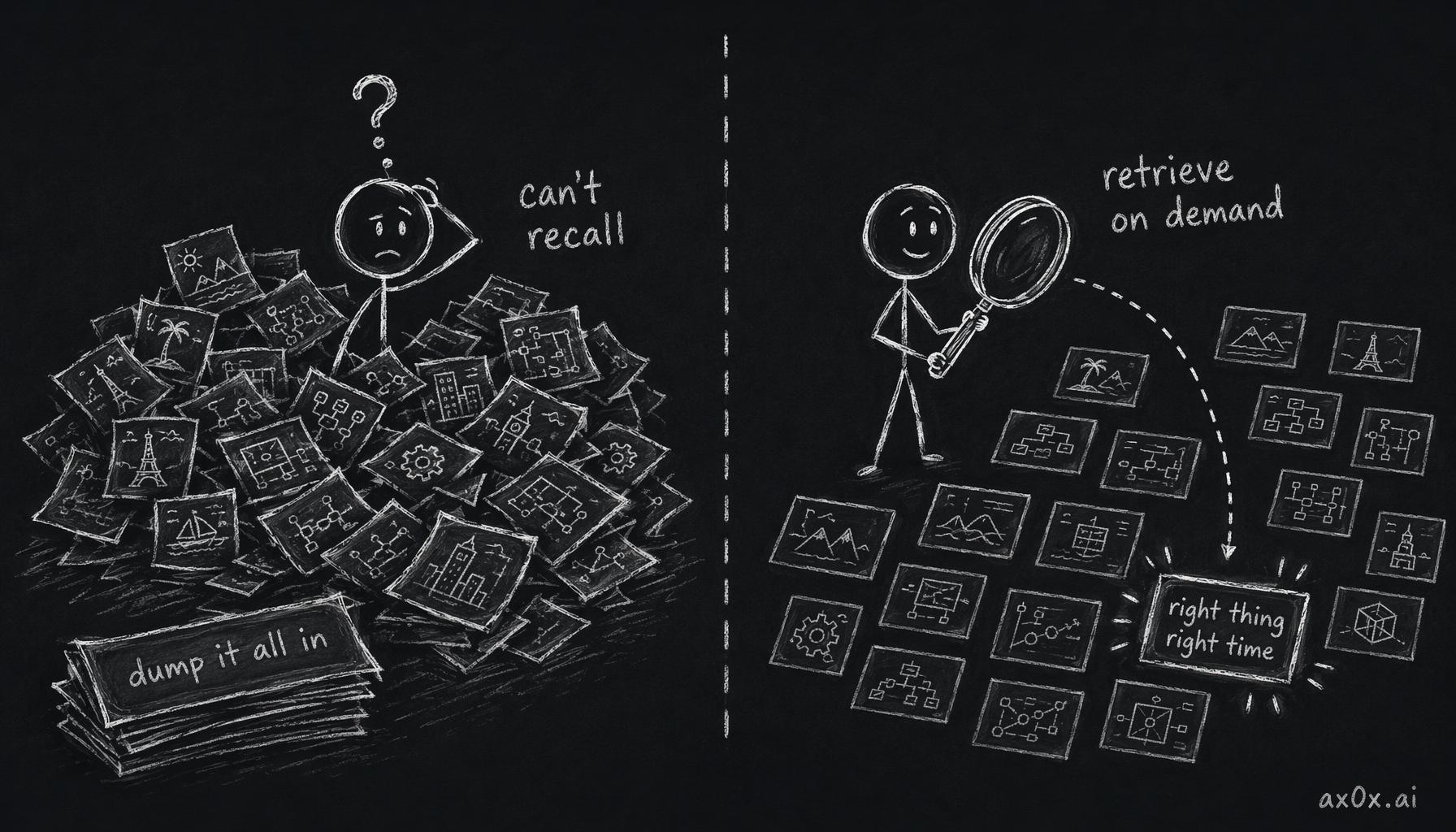 Contrast of dumping all memories into context yet missing the point, vs retrieving on demand to recall the right thing at the right time