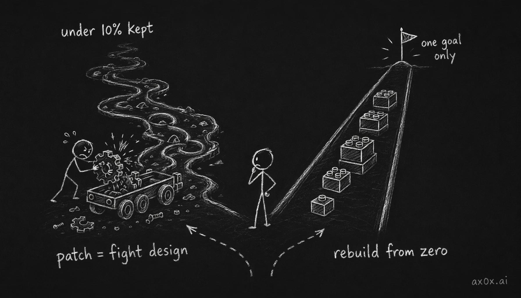 A fork in the road contrasting patching (fighting the framework's design, keeping under 10% of original code) with rebuilding from zero for one goal