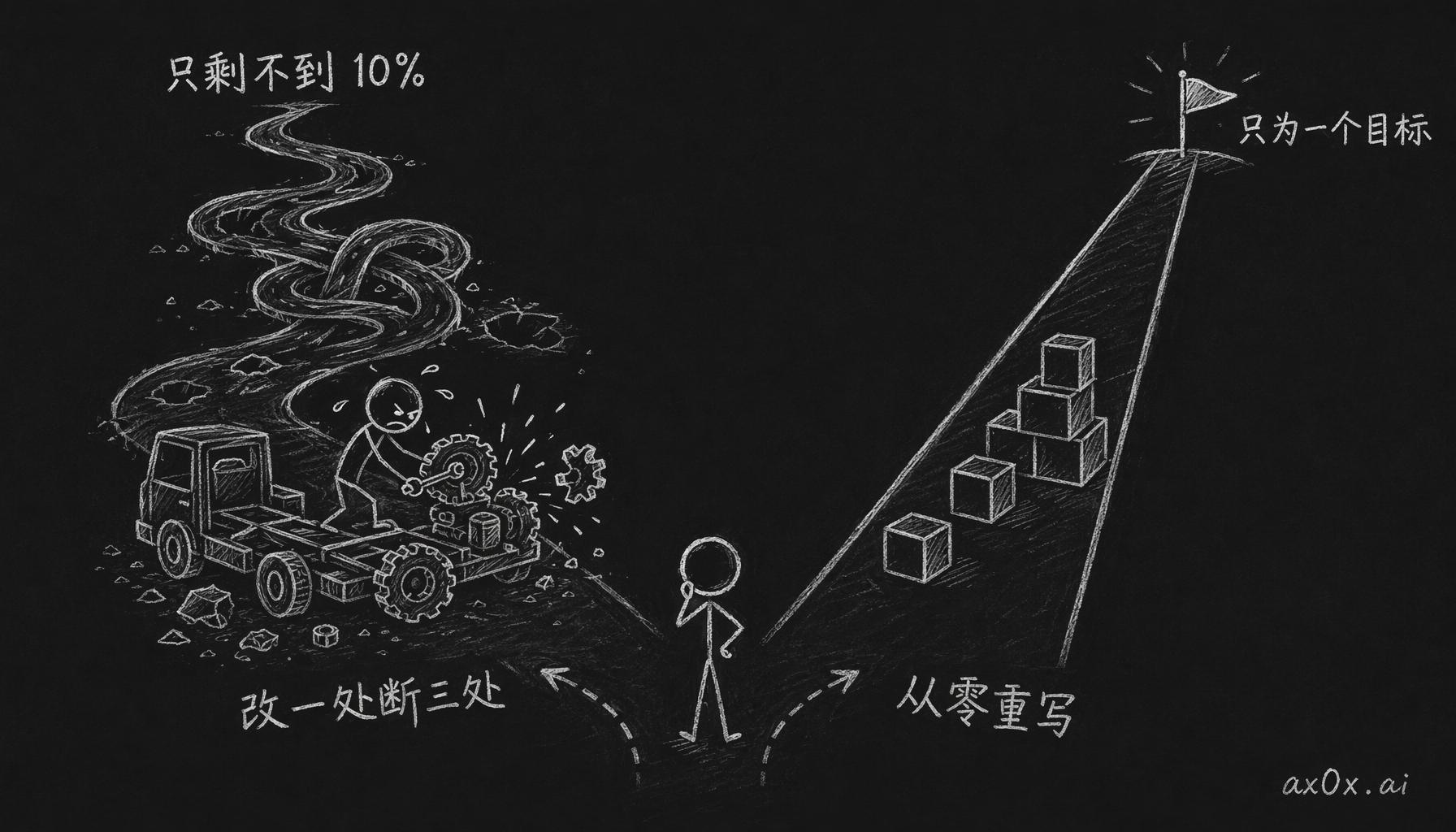 在岔路口对比：修补要不断对抗框架设计假设、最后只剩不到一成原始代码，与从零重写只为单一目标