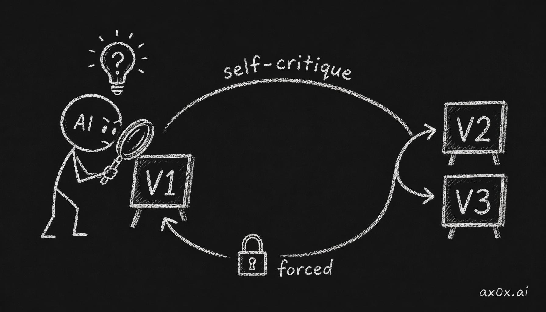 Phase 1 forces the AI to critique its own V1, list problems, and iterate into V2 and V3