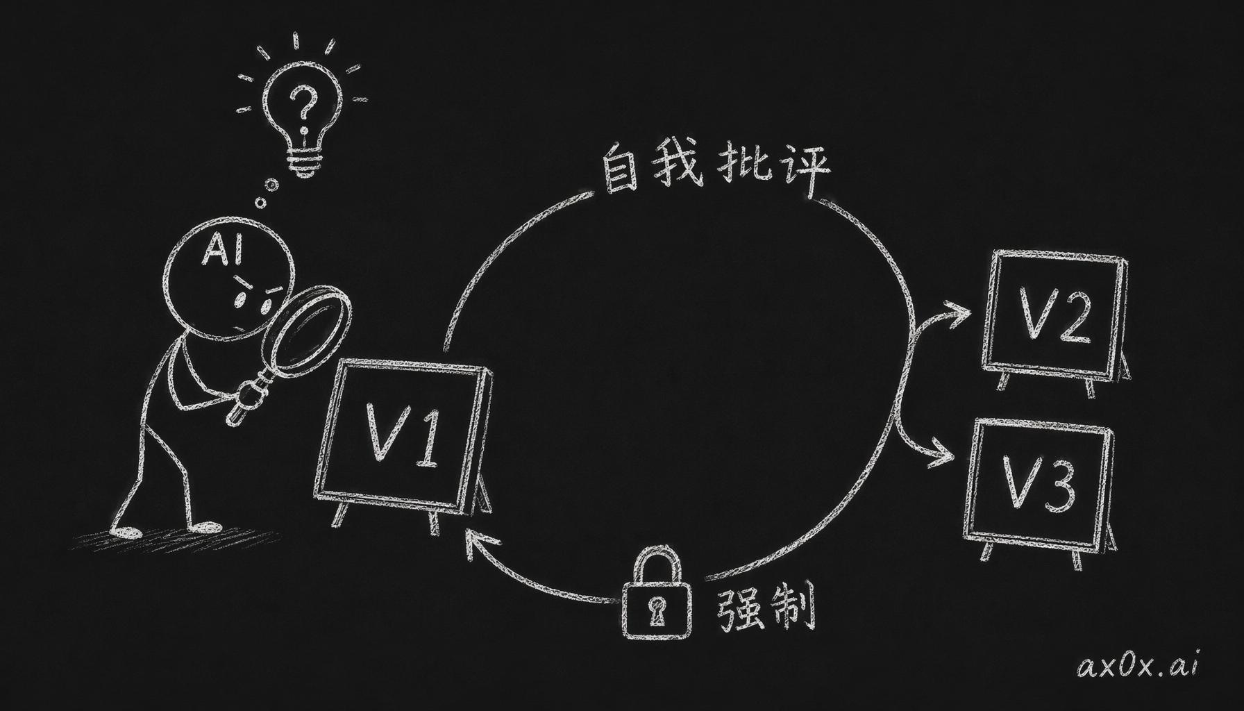Phase 1 强制 AI 批评自己的 V1、列出问题再迭代到 V2 V3 的自我批评回路