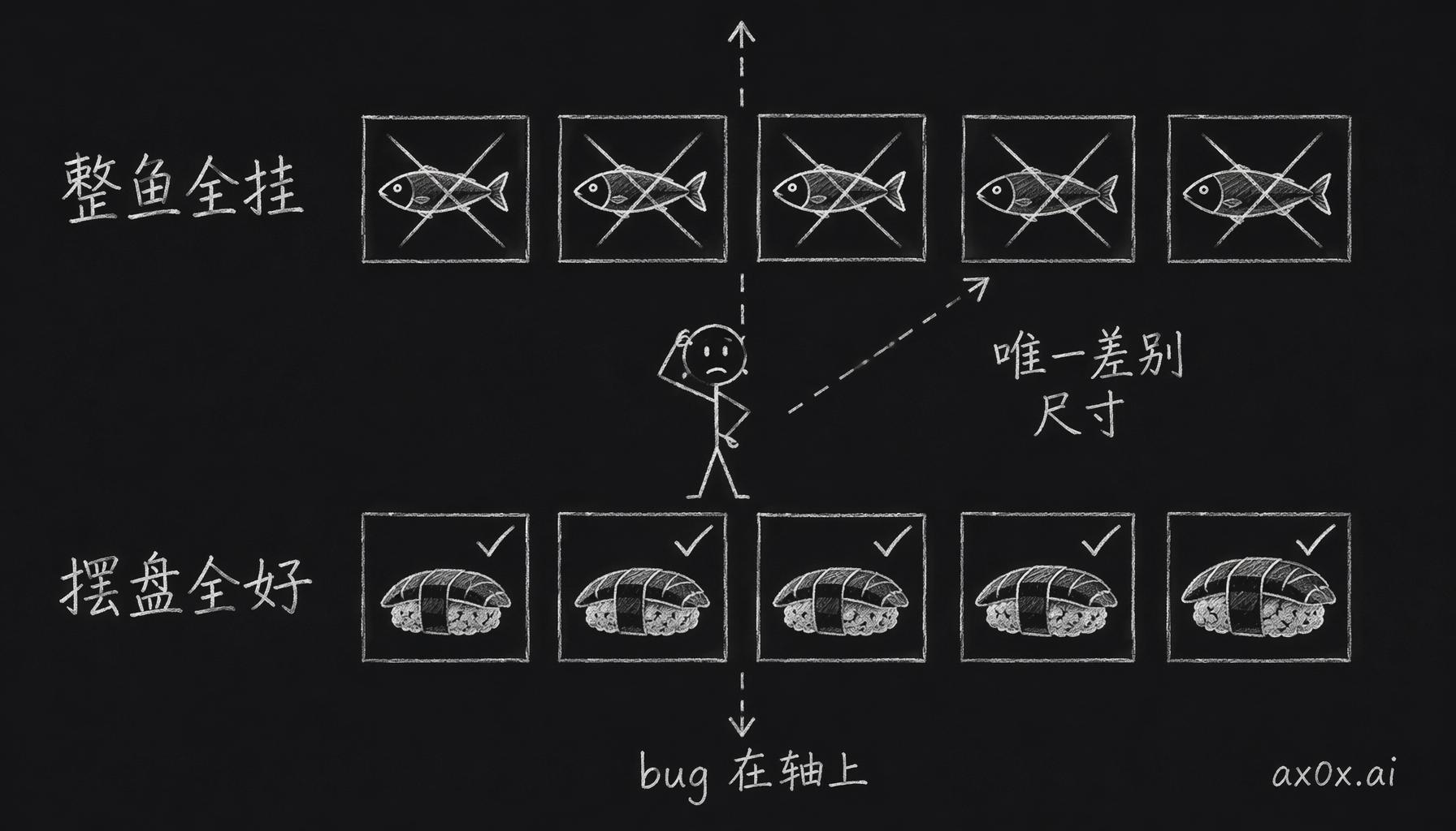 整鱼图全挂、摆盘图全好，故障齐刷刷沿尺寸这一维度裂开，说明 bug 就在那条轴上。