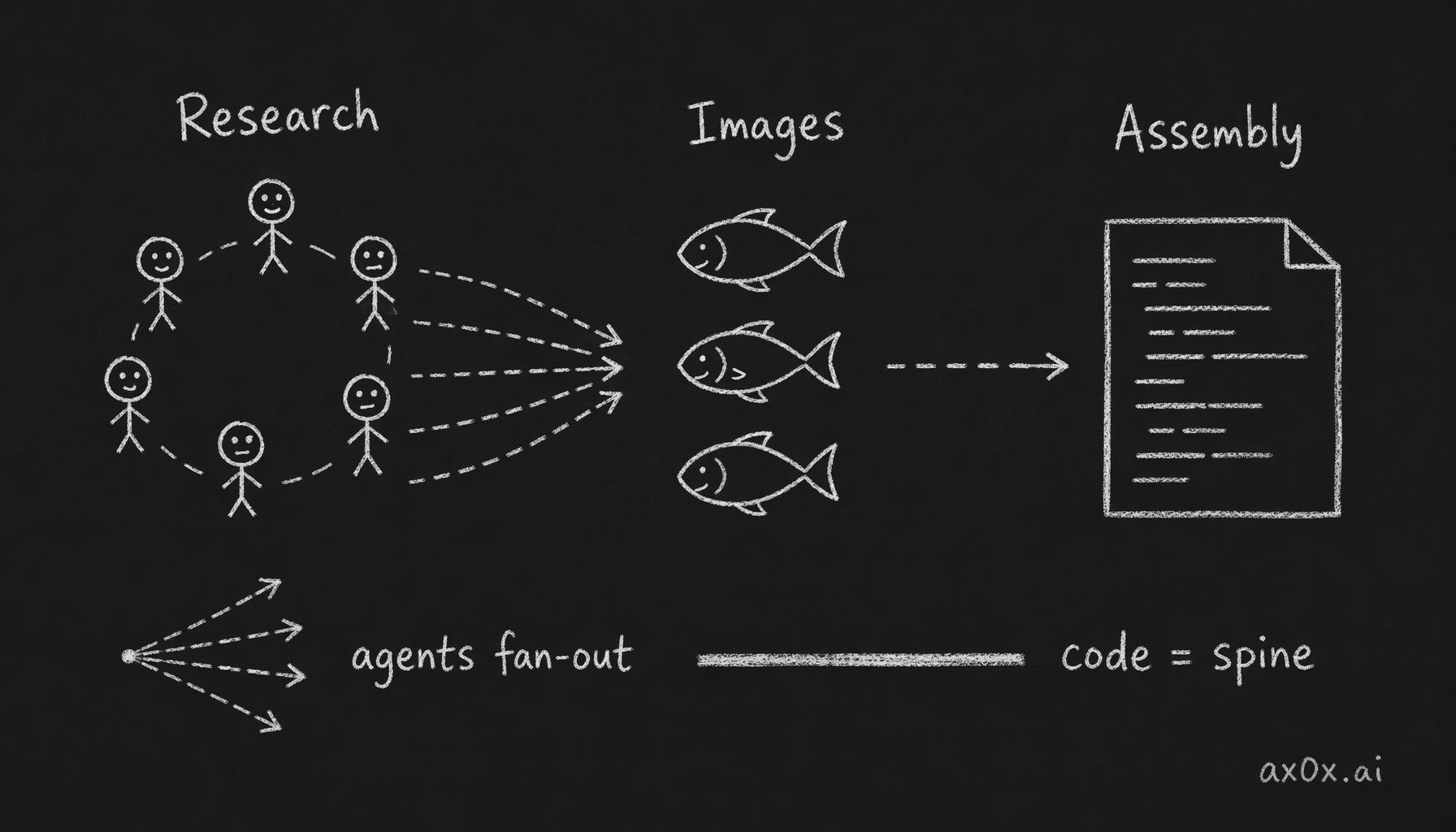 A three-stage pipeline: agents fan out for research, gpt-image draws the neta, deterministic code assembles the PDF — fan-out to agents, spine in code.