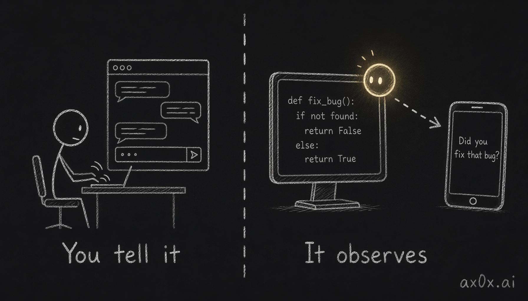 A contrast between being told in a chat window and being observed: the desktop companion knows about the bug you never mentioned