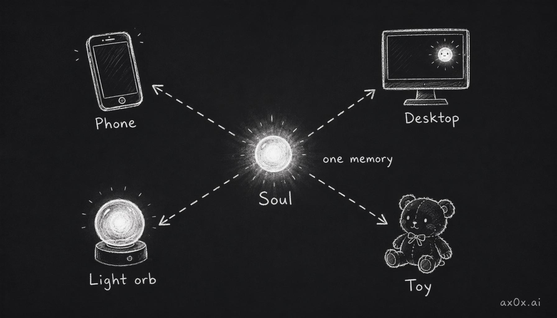 One soul with one shared memory and personality living inside four different bodies at once: phone, desktop companion, light orb, and toy